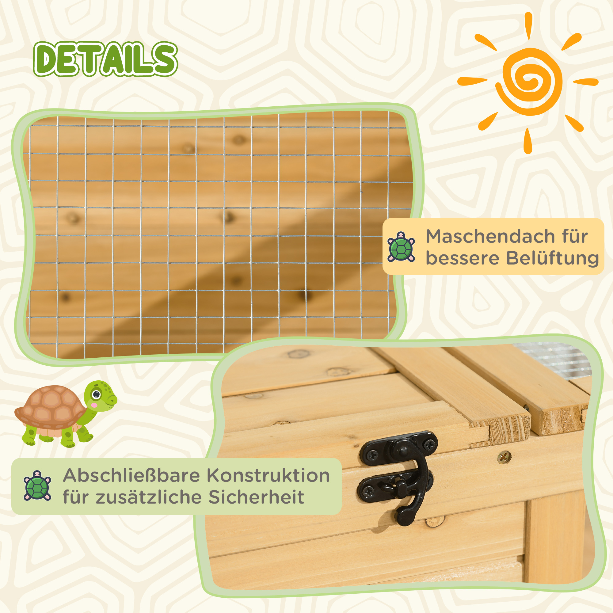 Schildkrötenhaus aus Holz, Schildkrötengehege mit Haupthäusern, aufklappbare Oberseite, 91 x 60,5 x 32 cm, Gelb
