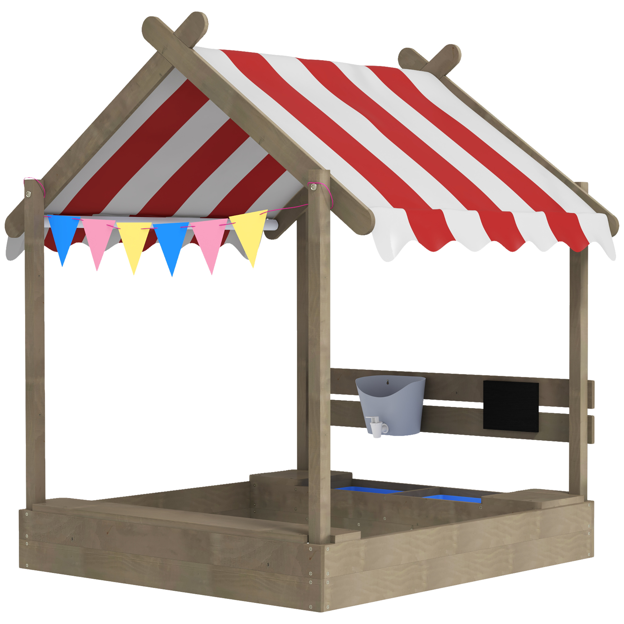 Sandkasten mit Sonnenschutz, Spielhaus-Design, mit Spielzeug-Set, behandeltes Massivholz, 124 x 116 x 146 cm, Grau