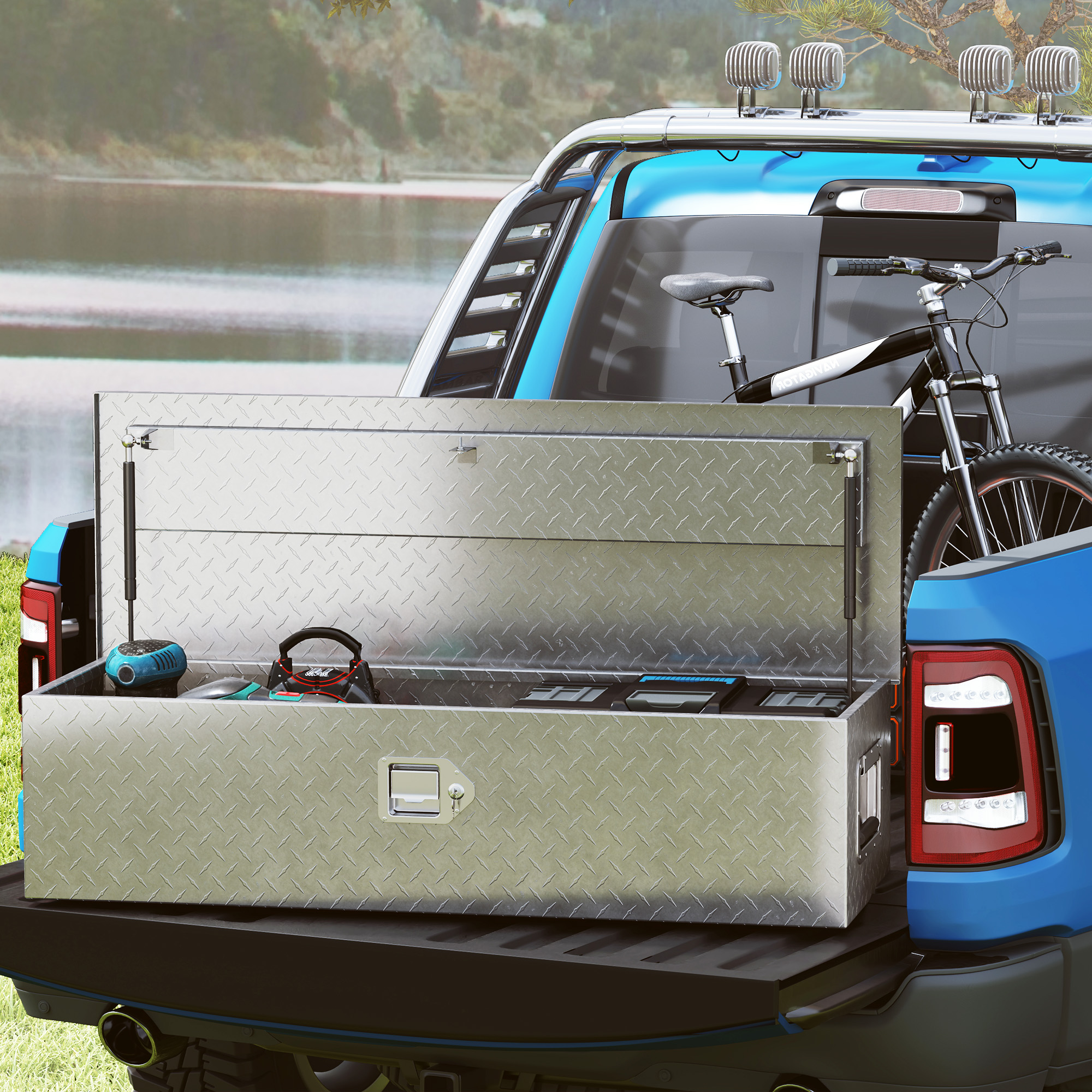 Stabile Aufbewahrungskiste aus Aluminium mit Seitengriffen, Schloss und Schlüsseln, Werkzeugkasten, 99 x 33 x 25,5 cm