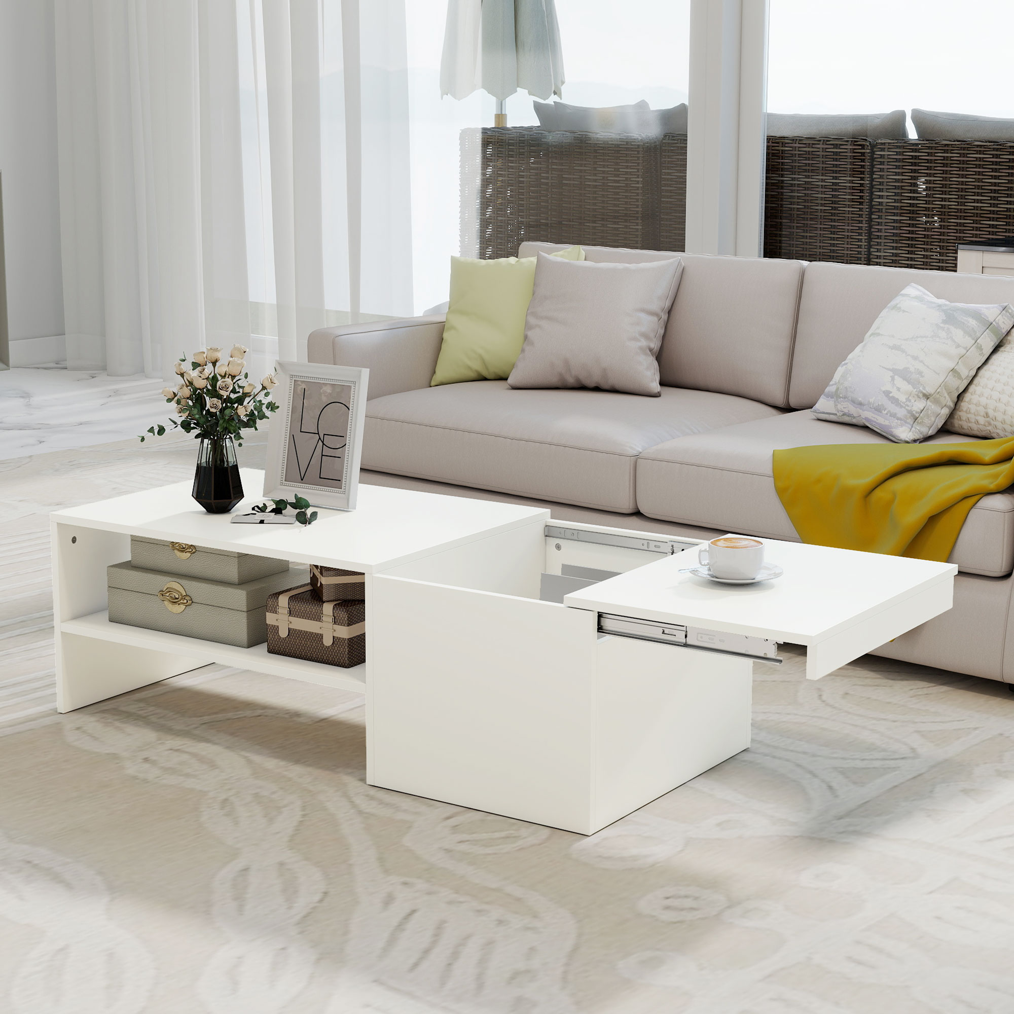 verstellbarer Couchtisch, Metallschienen, Spanplatte, Fußpads, Weiß