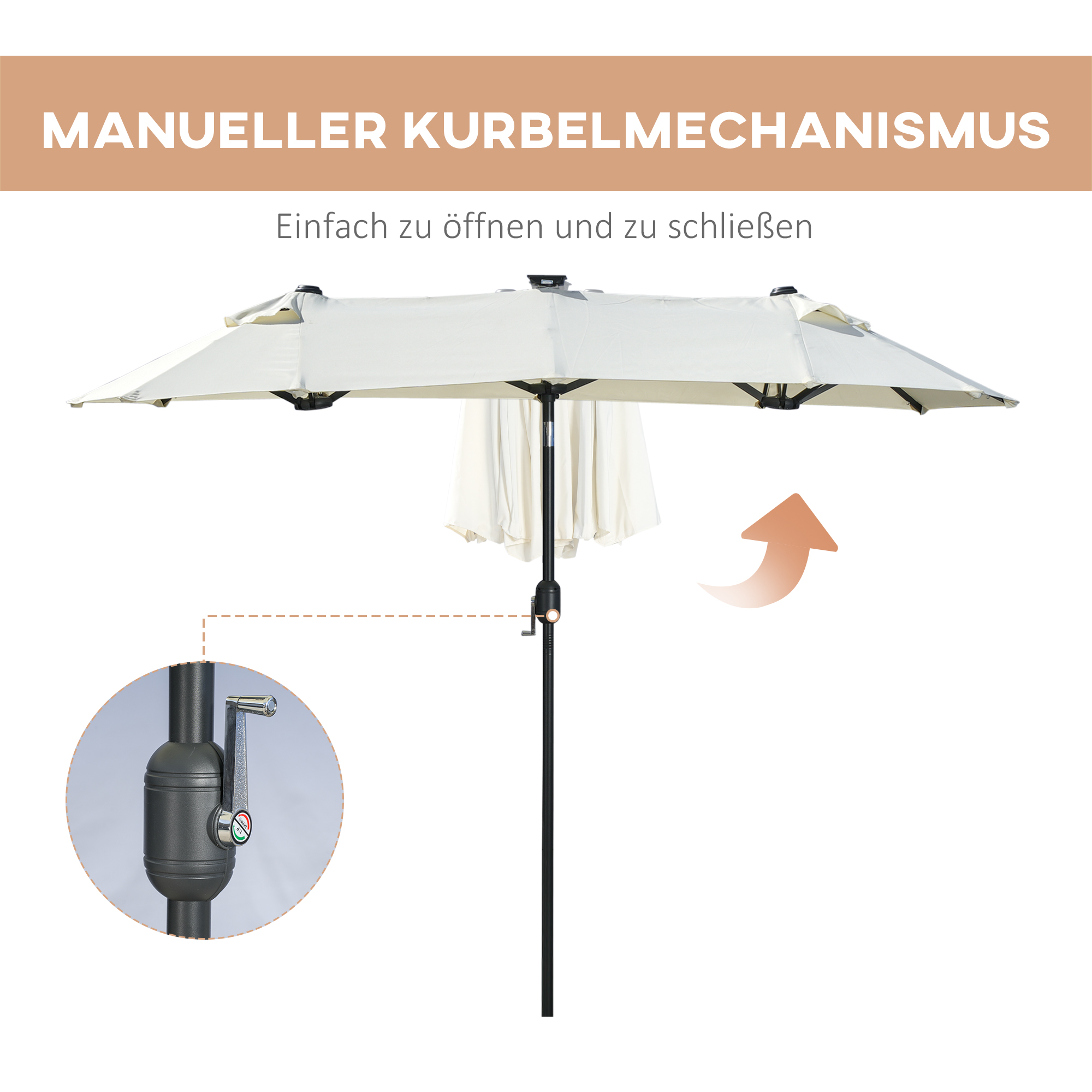 Doppelschirm, Terrassenschirm, neigbar, mit Solarpaneel, 35 LEDs, Stahlrahmen, beige, 2,92 x 1,50 x 2,18 m