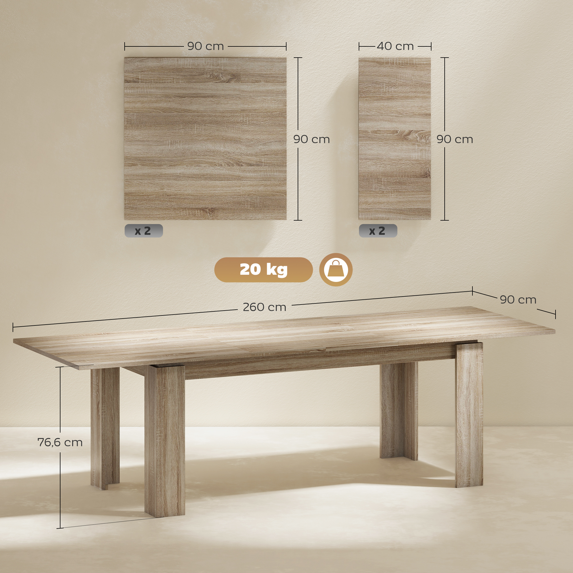 Ausziehbarer Esstisch, von 180 auf 260 cm erweiterbar, für 6-10 Personen, Holz
