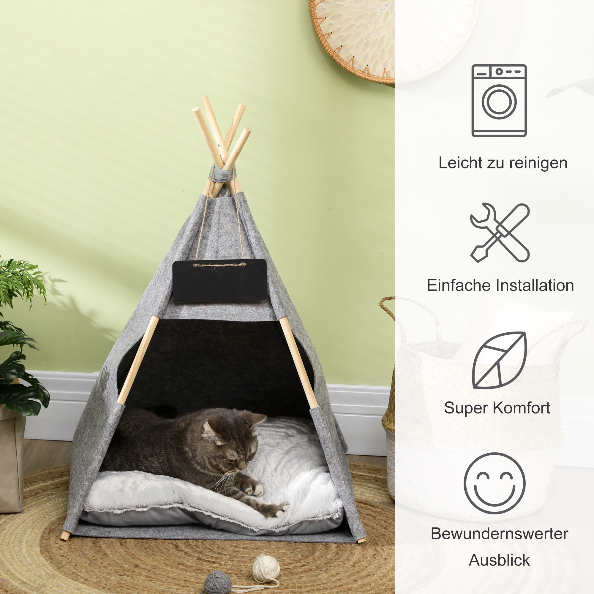 Haustierzelt Katzenhaus Hundezelt Katzenbett Katzenzelt mit weichem Kissen Plüsch Filz maschinenwaschbar Grau 58 x 58 x 80 cm