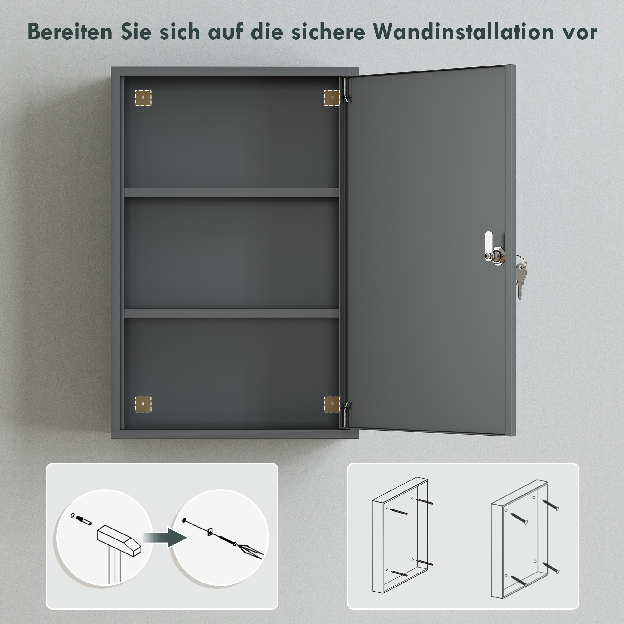 Wand-Medizinschrank, Badezimmerschrank mit 3 Regalböden, 2 Schlüsseln, 40 x 18 x 60 cm, Grau