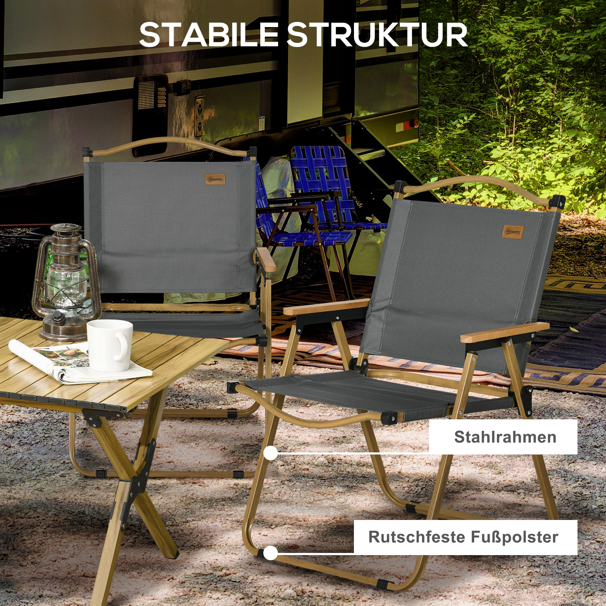 Campingstühle, 2 x Strandstuhl, faltbar, Stahl, Holzoptik, Dunkelgrau