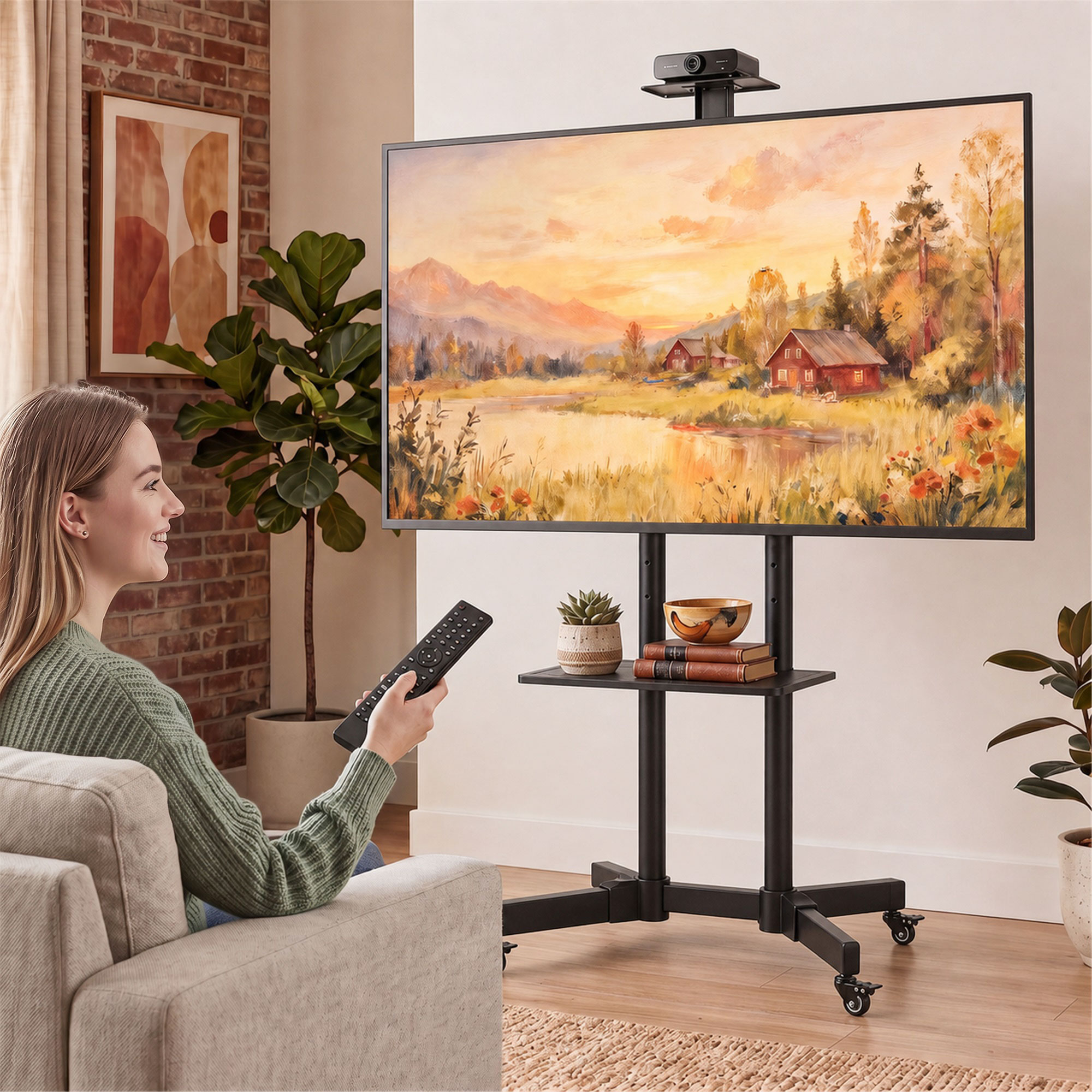 mobiler TV-Ständer auf Rollen für 32-75 Zoll, TV-Rollwagen neigbar, höhenverstellbar, mit Feststellrollen, Schwarz