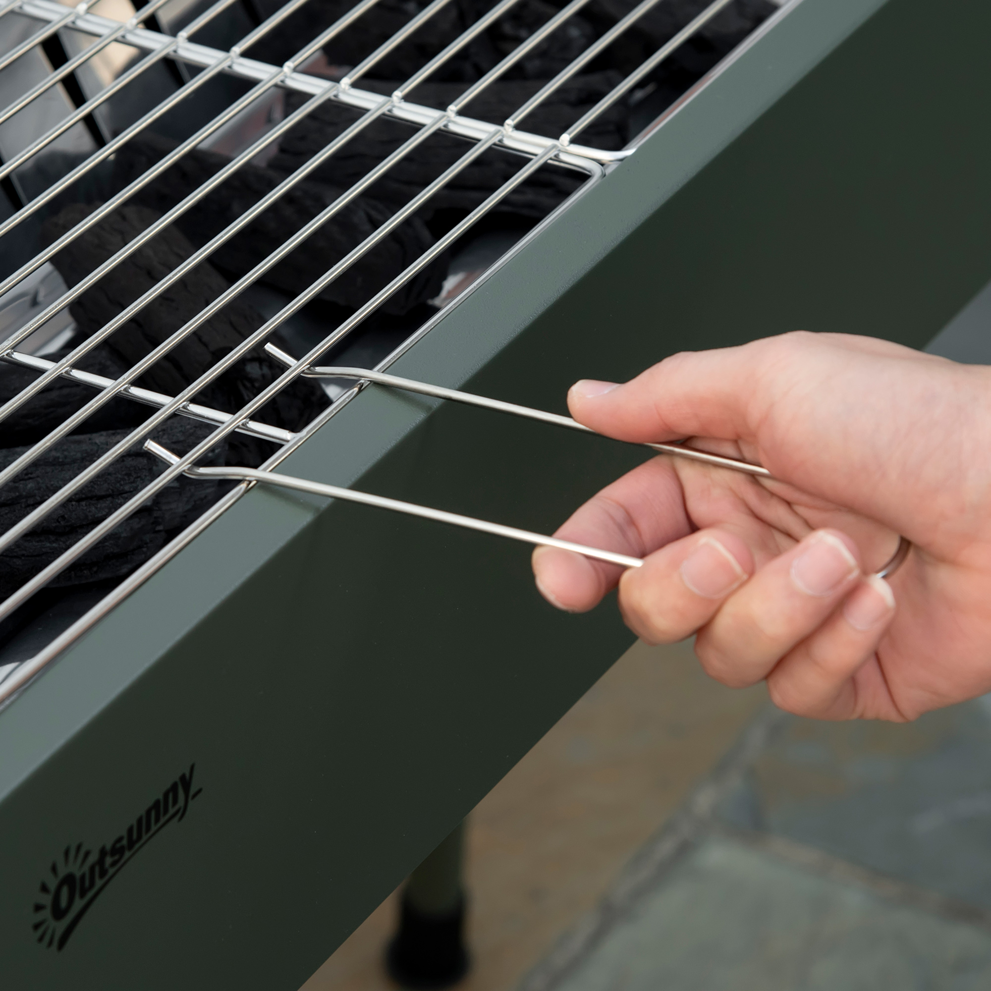 Holzkohlegrill, 2x Grillrost, 1x Kohlegitter, 2x Seitenkorb, rostfreier Stahl, dunkelgrün, 94 x 39 x 70 cm