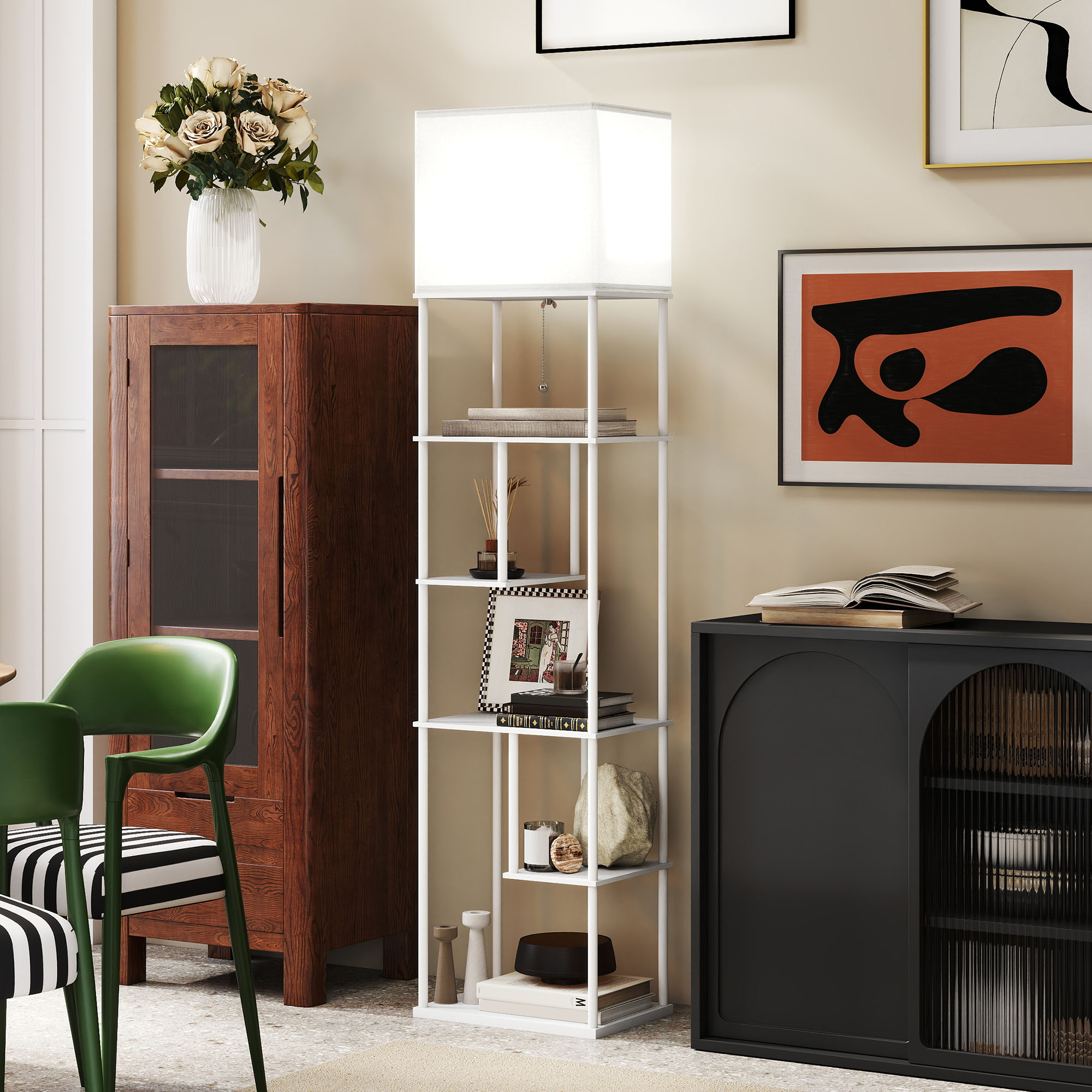 Stehlampe Stehleuchte mit Regalen, einstellbare Helligkeit & Farbtemperatur für Schlafzimmer, Büro, Wohnzimmer, Weiß