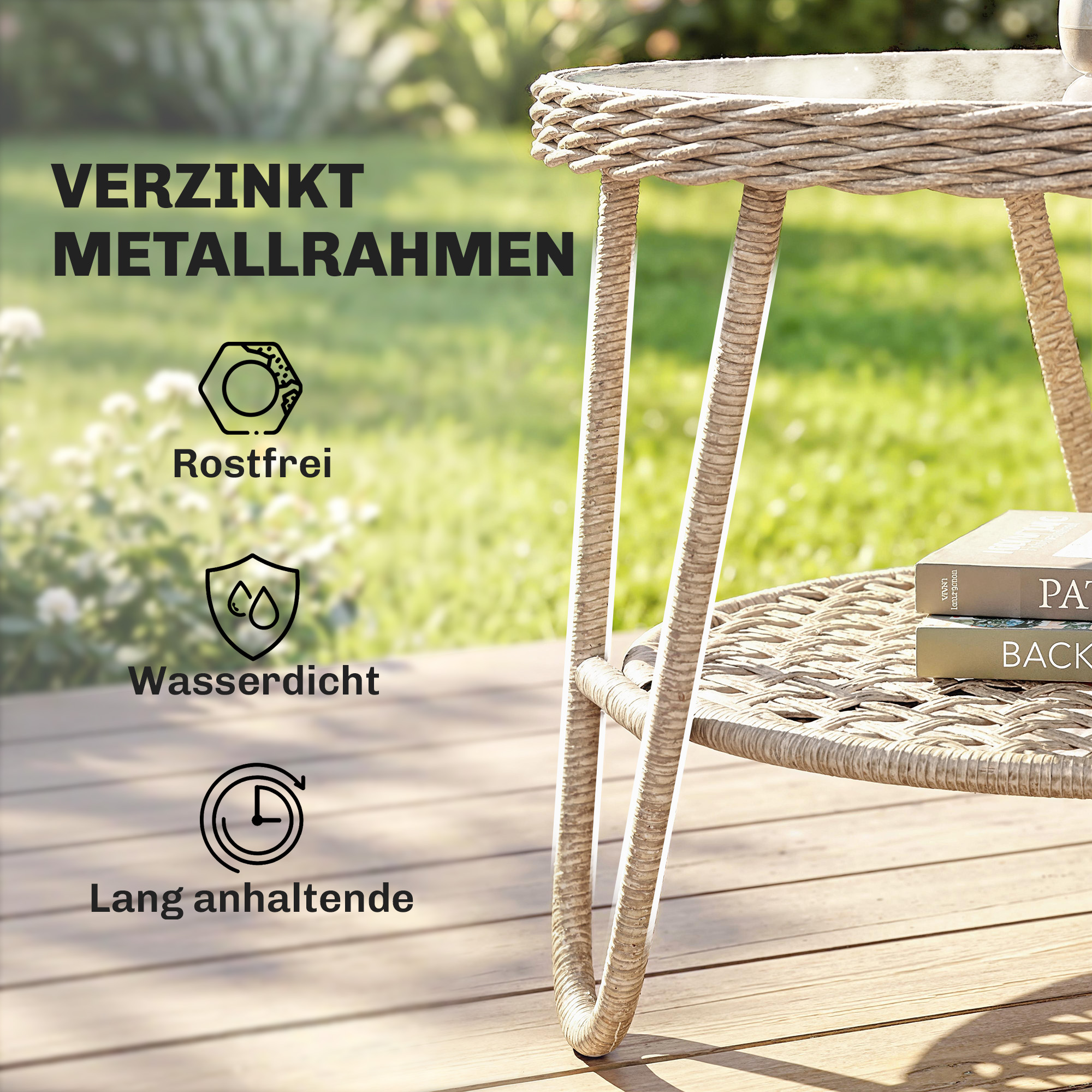 Beistelltisch aus Polyrattan 2-stöckiger Kaffeetisch mit Ablage Glasplatte verstellbaren Füßen 65 x 65 x 50 cm Gelb