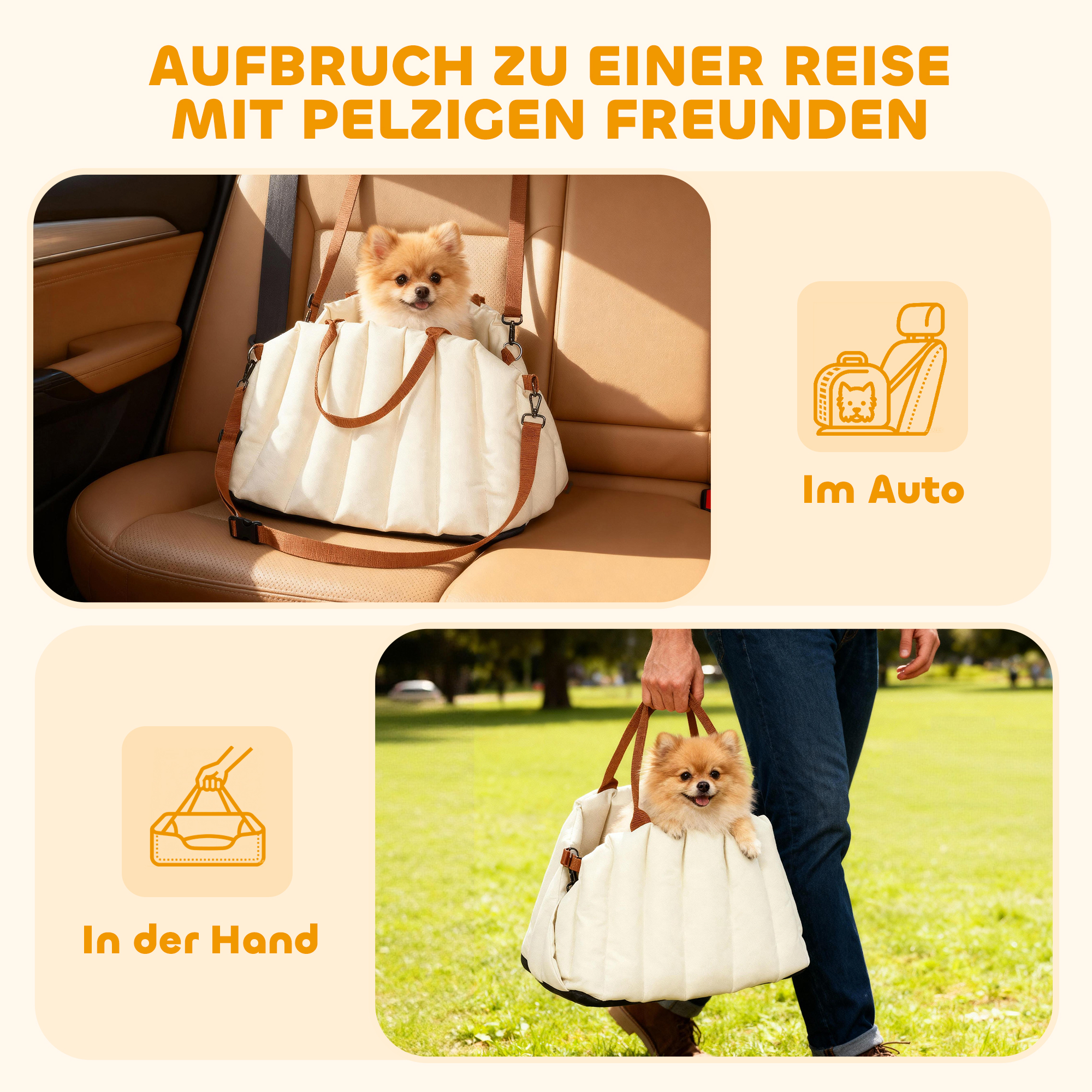 Hundetasche Hundetragetasche für Hunde unter 5 kg, 2 Gurte, Oxford-Stoff, Kissen, Leine, Cremeweiß