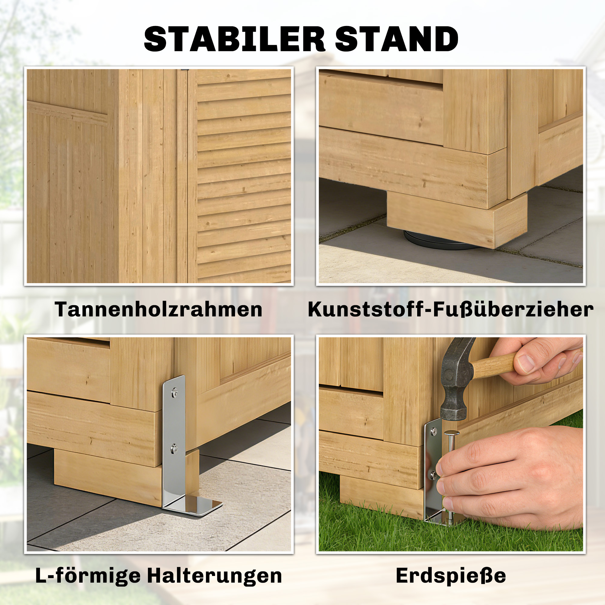 Gartenschrank Holz Geräteschuppen mit Ablage Acrylfenstern Abschließbar Tür Bodenplatte Asphalt-Dach Belüftungspaneel