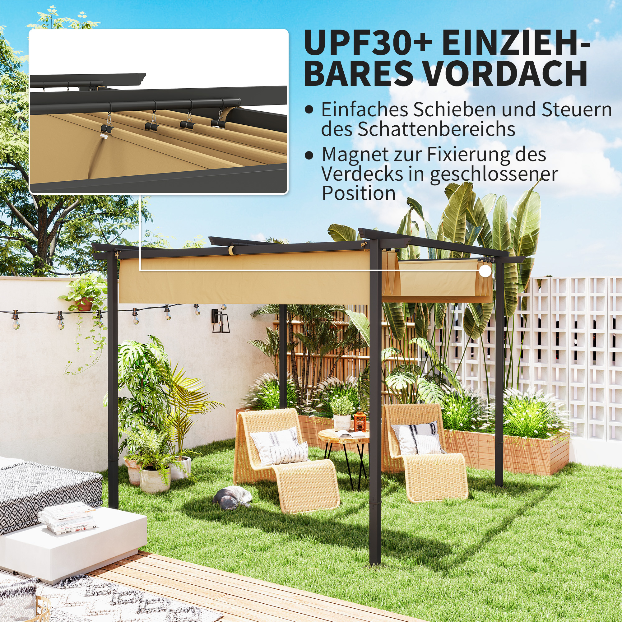 3 x 3 m Garten-Pergola mit verstellbarem Dach, Metallrahmen, UPF30+ Schutz, Sonnendach für Veranda, Terrasse, Beige