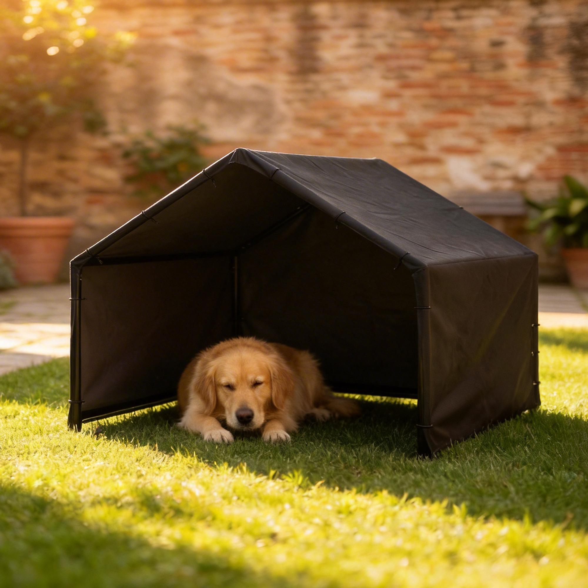 Hundehütte Hundehaus mit wasser- und UV-beständiger Überdachung, für Hunde bis 30 kg 125 x 110 x 93 cm Schwarz