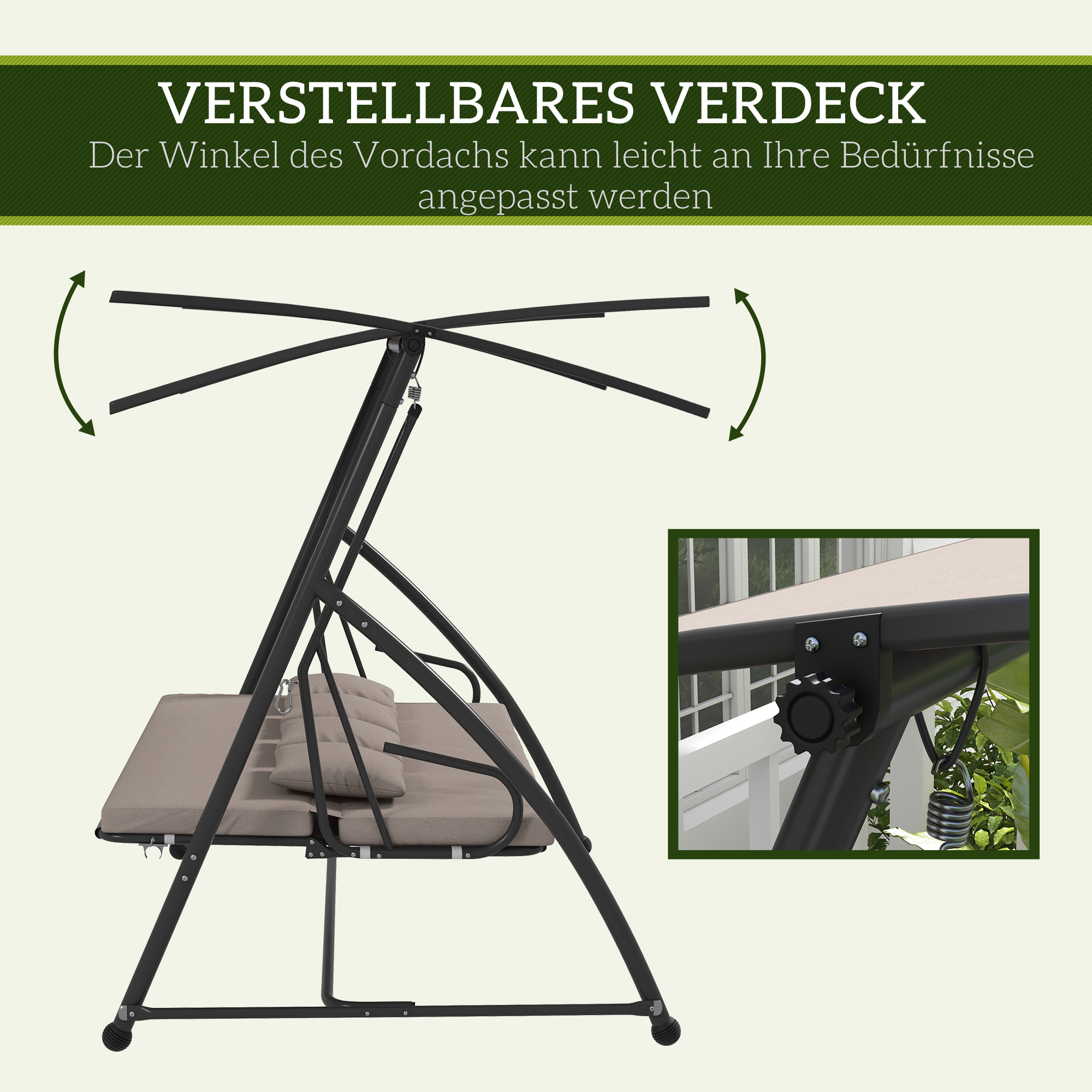 2 in 1 Hollywoodschaukel mit Liegefunktion, 3-Sitzer Gartenschaukel aus Stahl Schaukelbank 170x110x153cm, Hellbraun