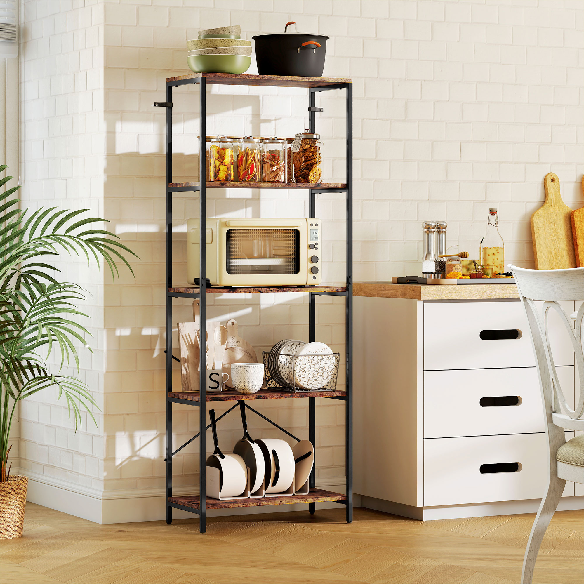 Bücherregal, 5 Ebenen, Metall, Melaminoberfläche, Braun