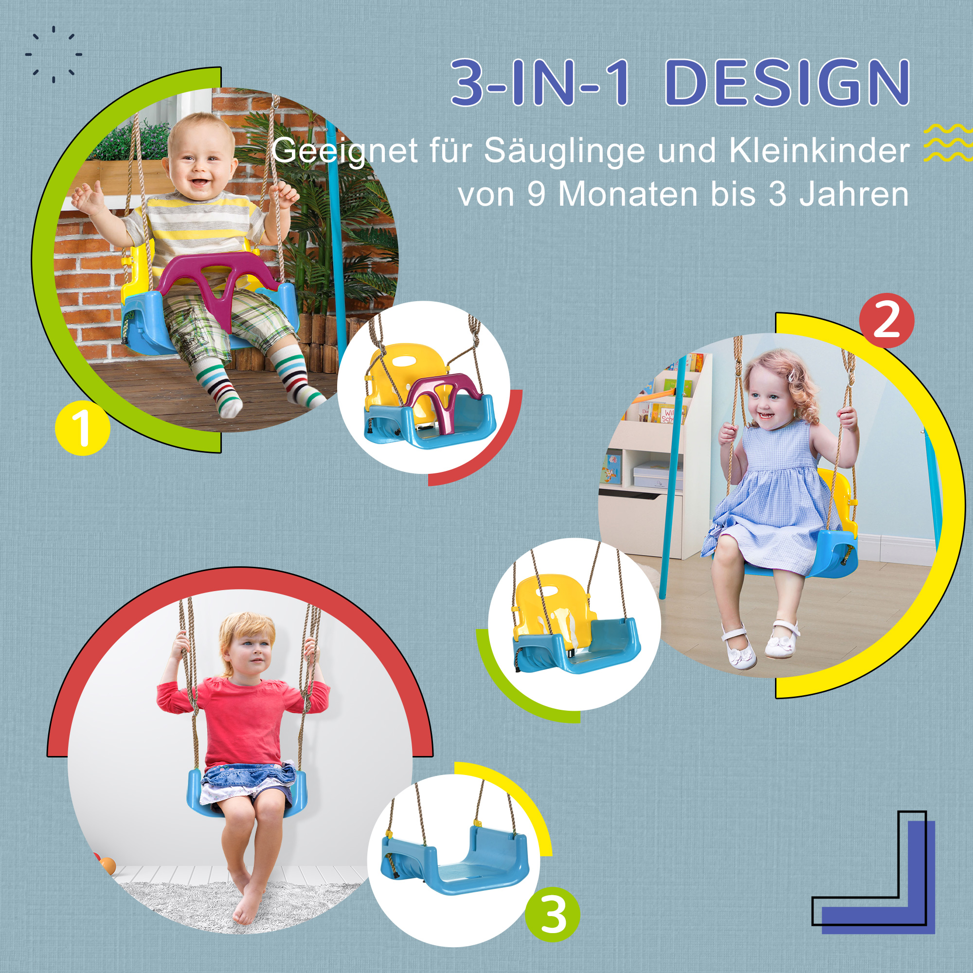 3-in-1 Kinderschaukel, höhenverstellbar, abnehmbare Rücklehne, für In- und Outdoor, blau+gelb, 42 x 33 x 180 cm