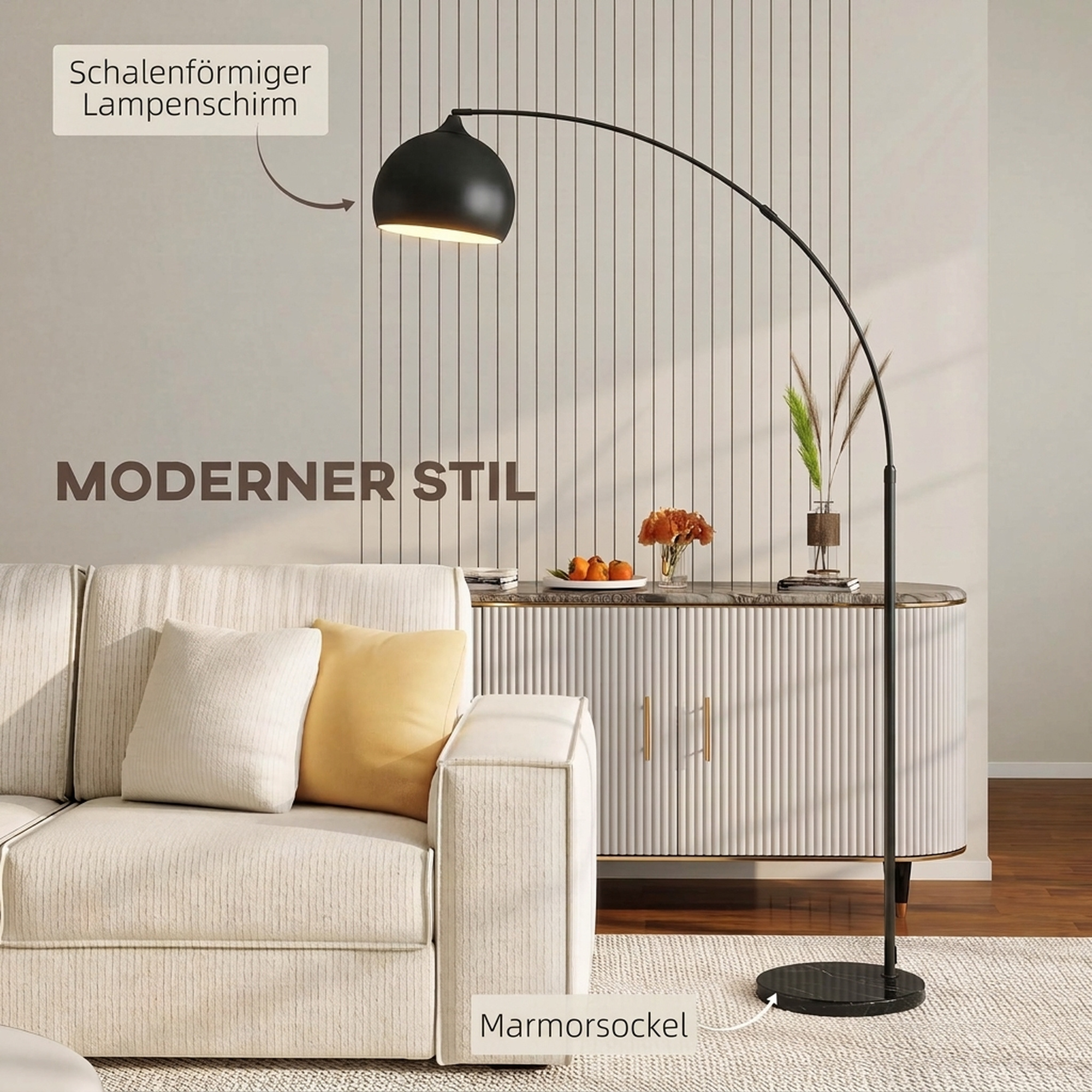 Bogenleuchte, Stehlampe, höhenverstellbar, Fußschalter, Sockel in Marmoroptik, 170-180cm, Schwarz