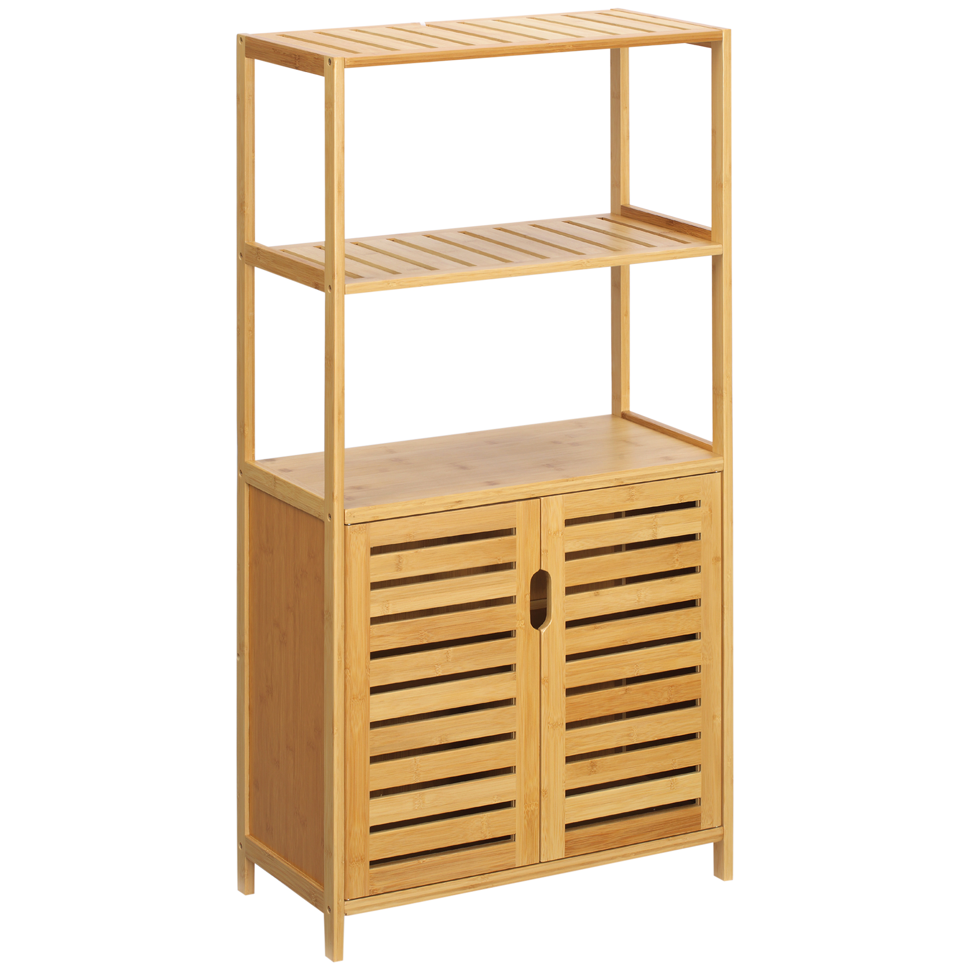 Badezimmerschrank, Badezimmerkommode mit Lamellentüren, Badregal, Bambusholz, Naturholz