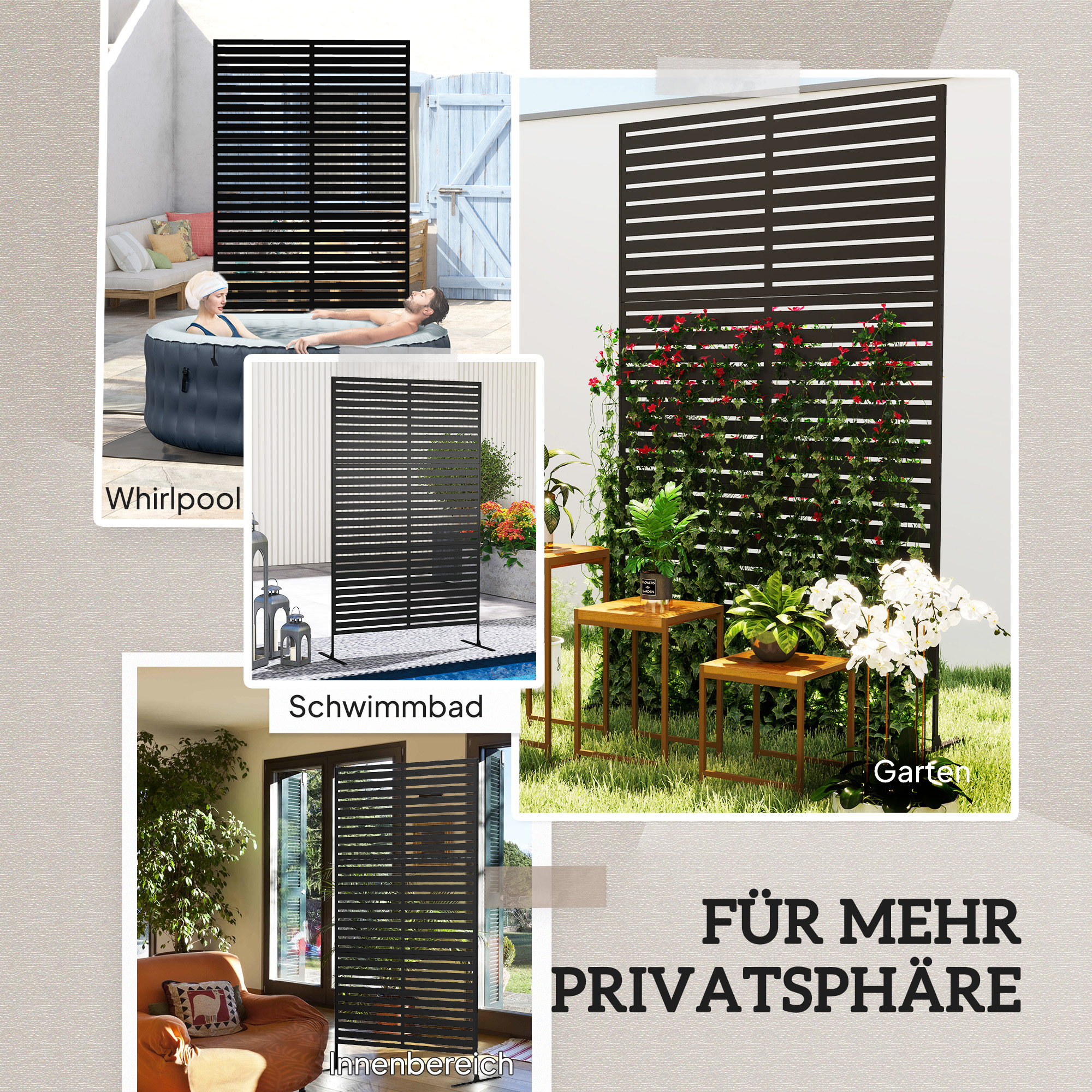 Outdoor-Raumtrenner aus Metall, Lamellendesign, Dekorativer Raumteiler für Terrasse, Garten, Balkon, Schwarz