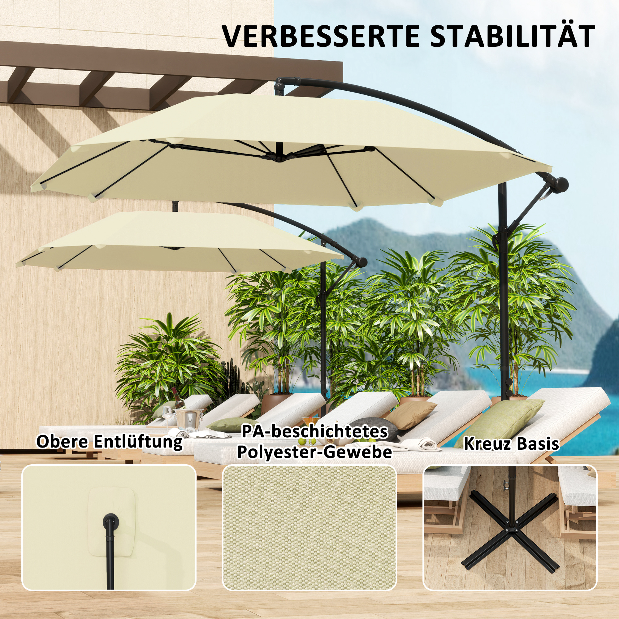 Ampelschirm Alu Ø 260 cm Sonnenschirm, wasserdicht Kurbelschirm mit Ständer, Kurbel, Beige