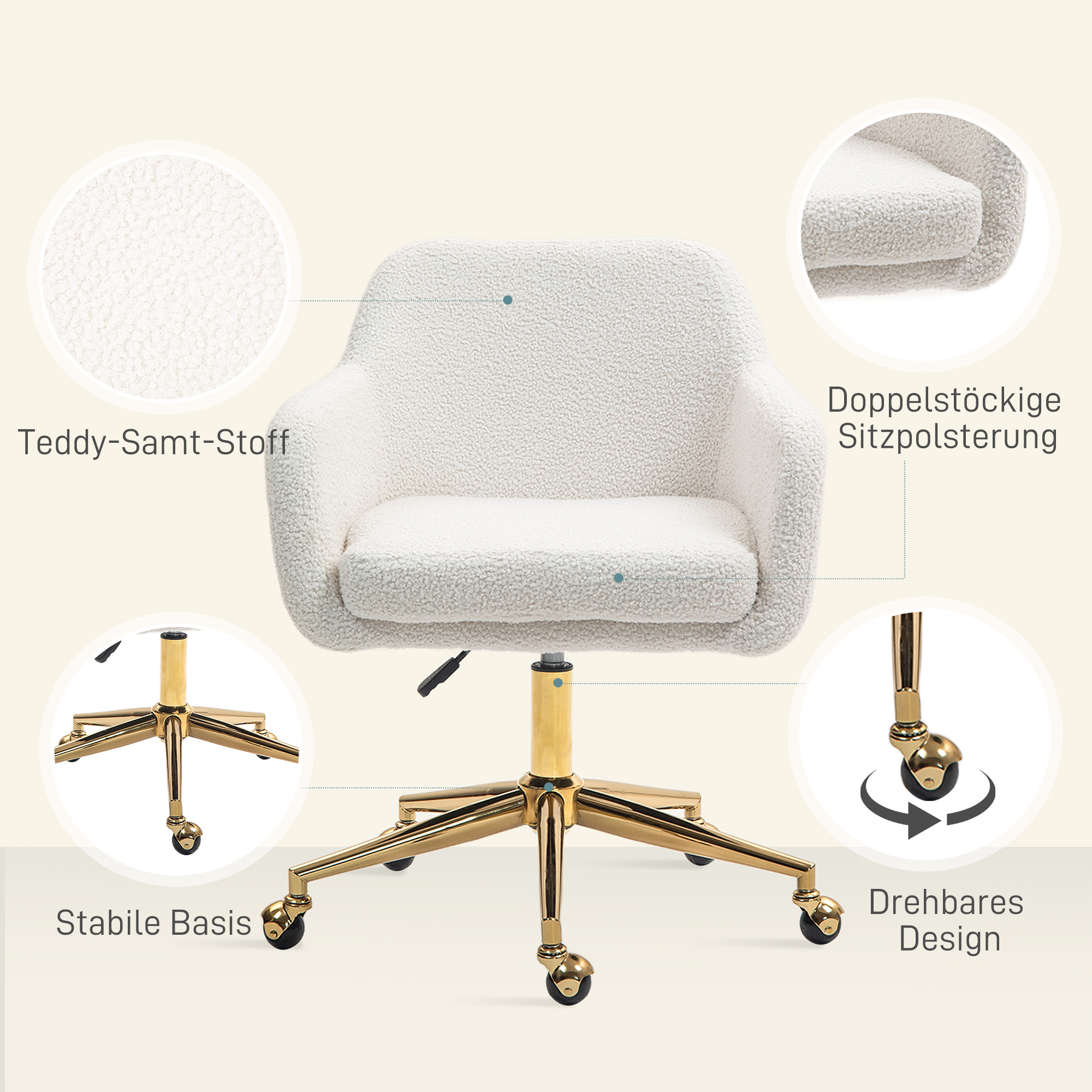 Homeoffice-Stuhl, höhenverstellbarer Bürostuhl mit Rollen, Samtartiger Bezug, Metallbasis, Cremeweiß