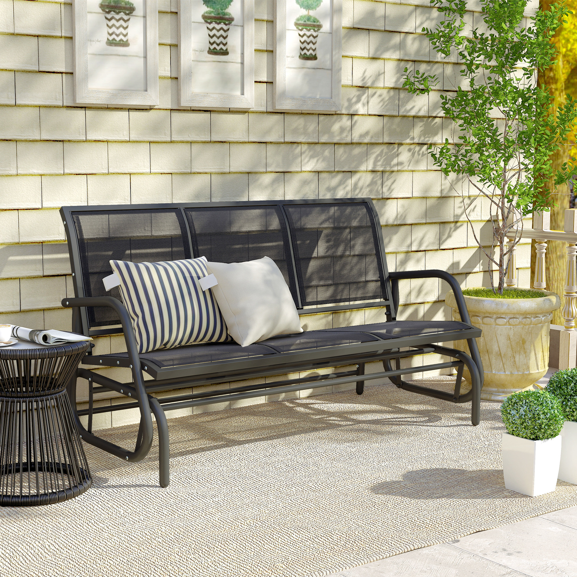 3-Sitzer Schaukelstuhl Gartenbank mit Schaukelmechanismus Gartenschaukel Sitzbank aus Metall Parkbank bis 300 kg belastbar Gartenmöbel für Garten, Terrasse, 147 x 70 x 85 cm Dunkelgrau