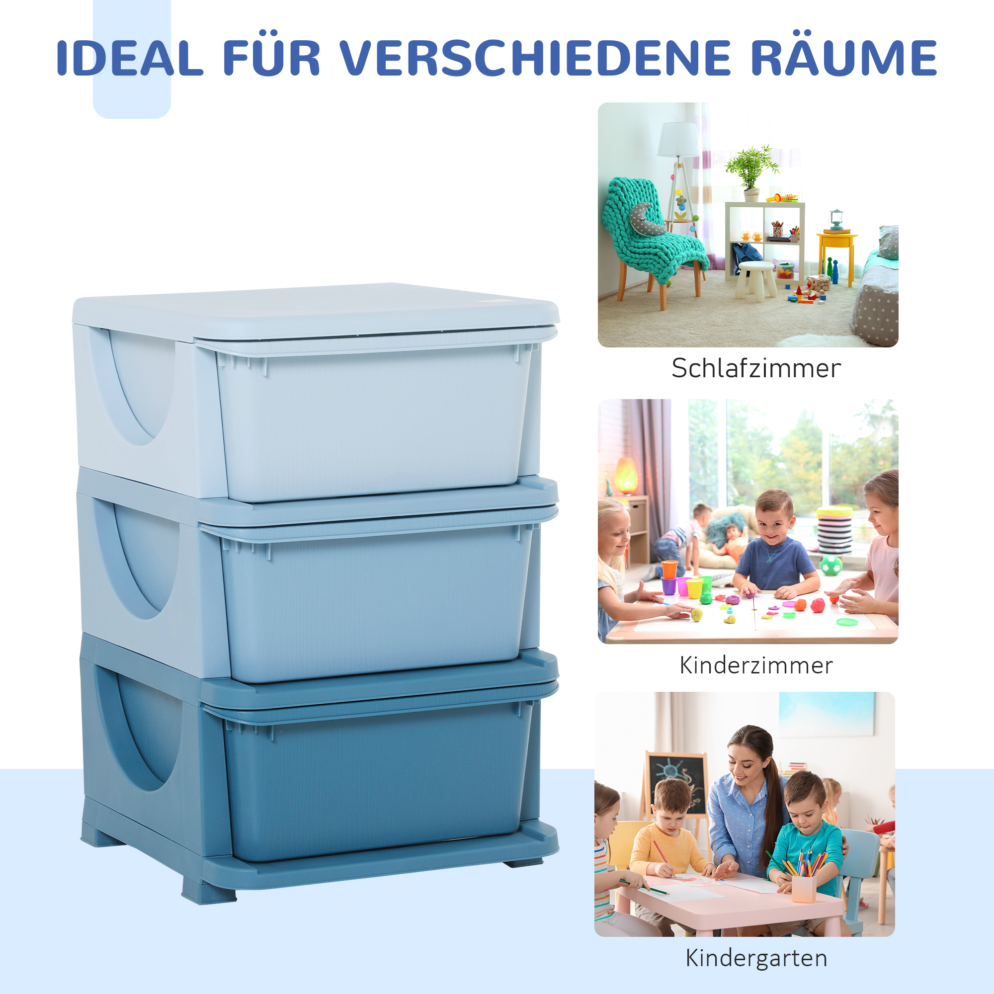 Aufbewahrungsboxen für Kinder, 3 Schubladen, abgerundete Kanten, erhöhtes Design, 37x37x56,5 cm, Blau