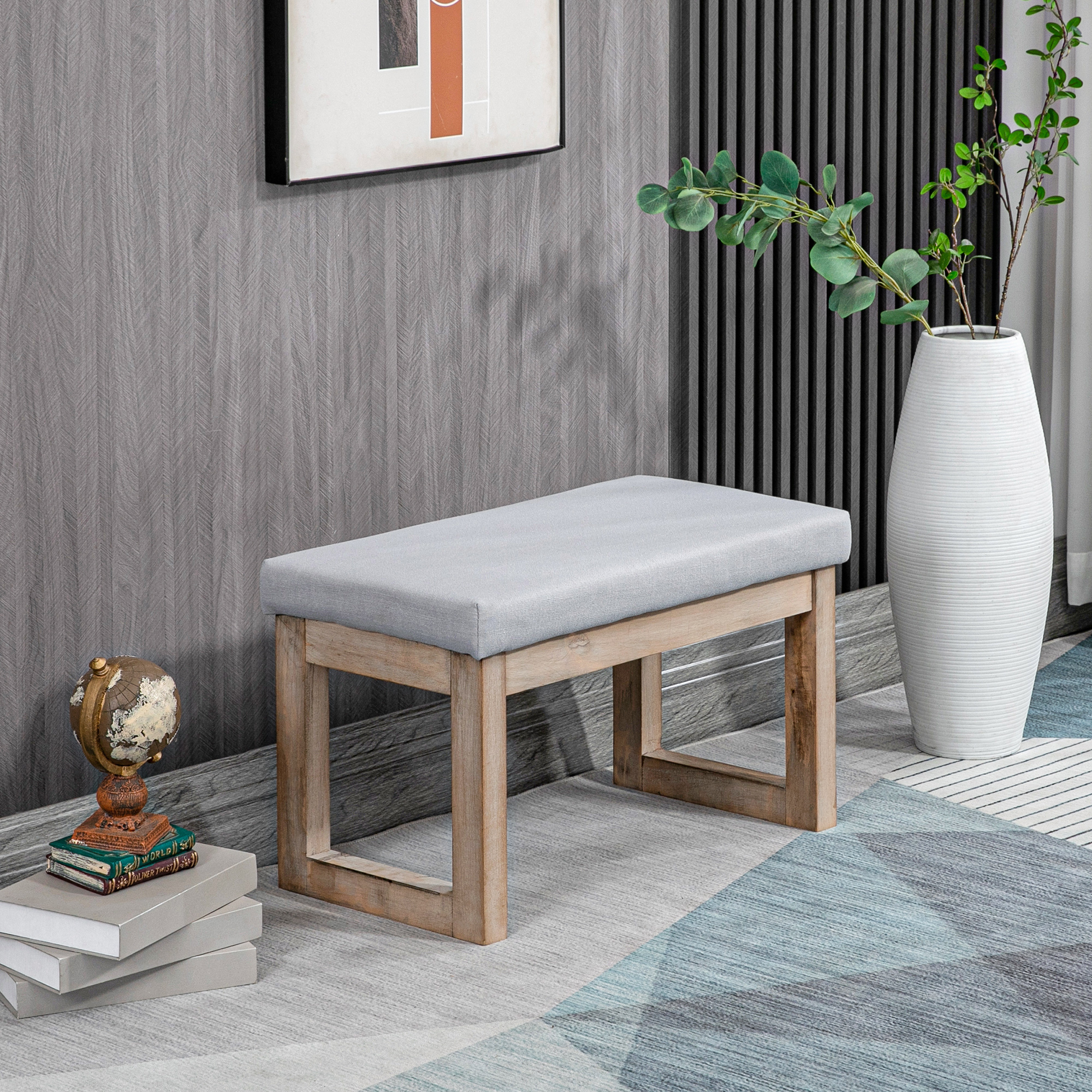 Fußbank im Skandi-Design, Sitzhocker, Fußhocker, 68 cm x 38 cm x 42 cm, Grau + Natur