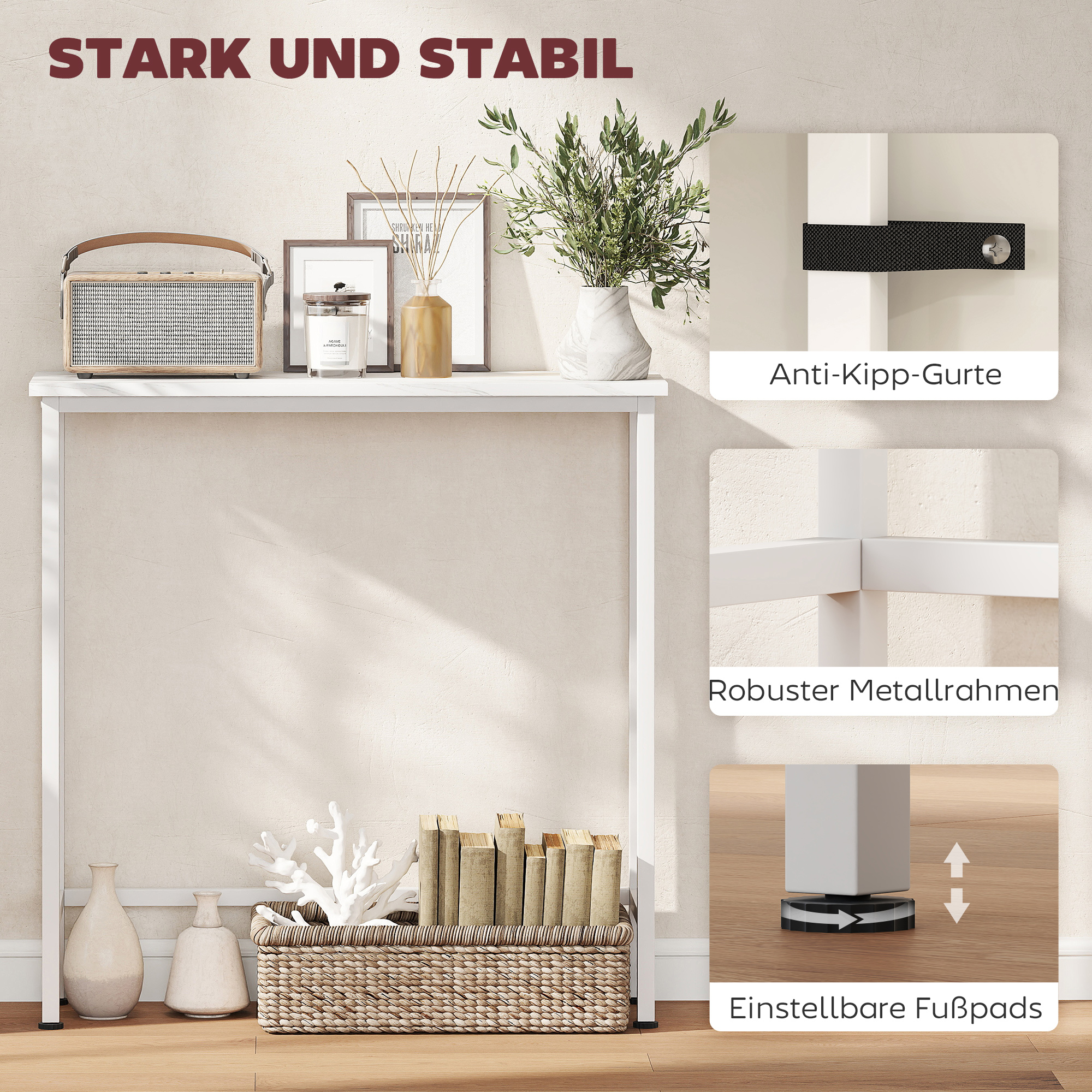 Konsolentisch Flurtisch mit verstellbar Fußpads, Kippschutz 75 x 24 x 76 cm für Kleinen Raum Weiß