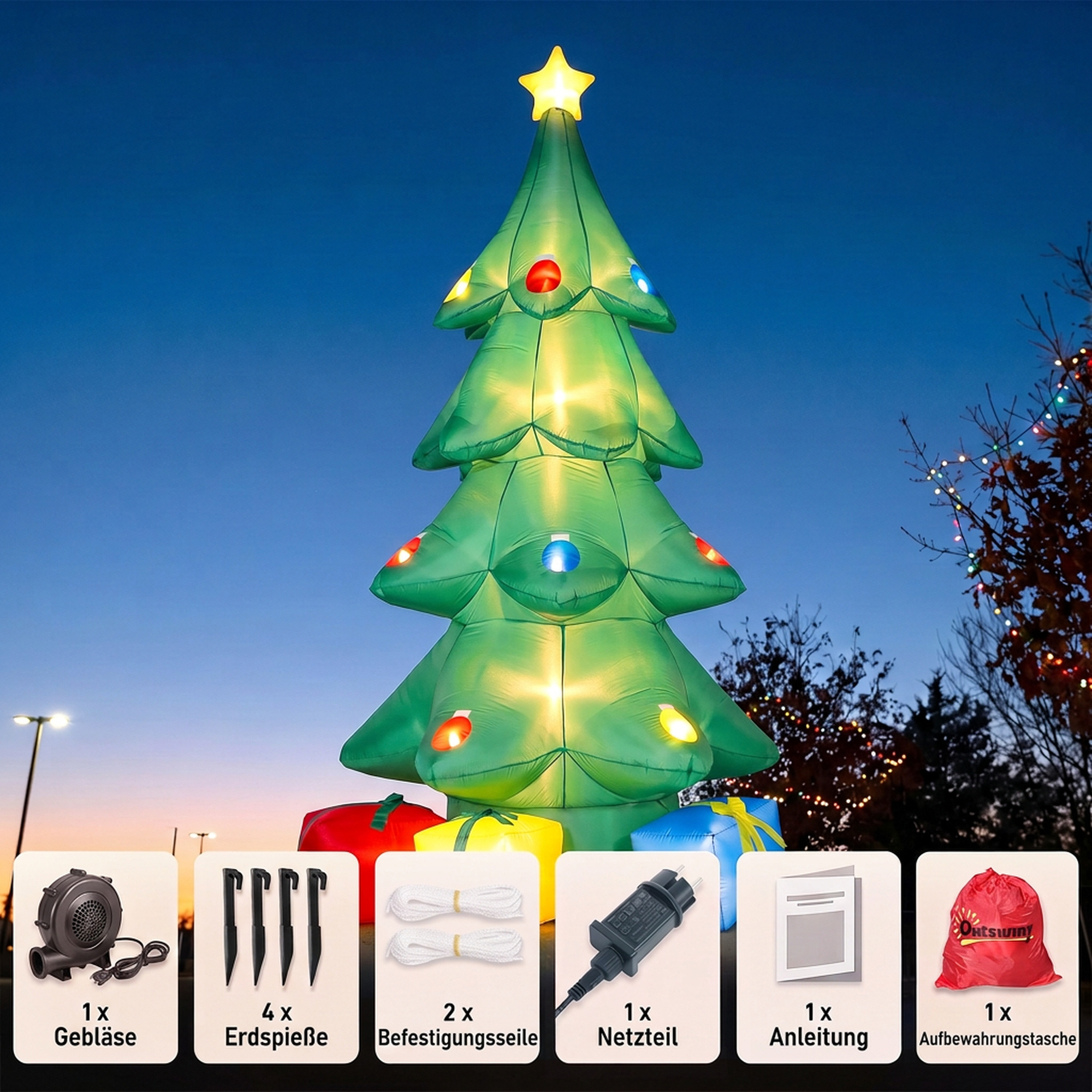 Aufblasbarer Weihnachtsbaum 300 cm mit RGB-Stern LED-Licht, Geschenkboxen, XXL  IP44 Wasserdicht für Weihnachtsfeiern