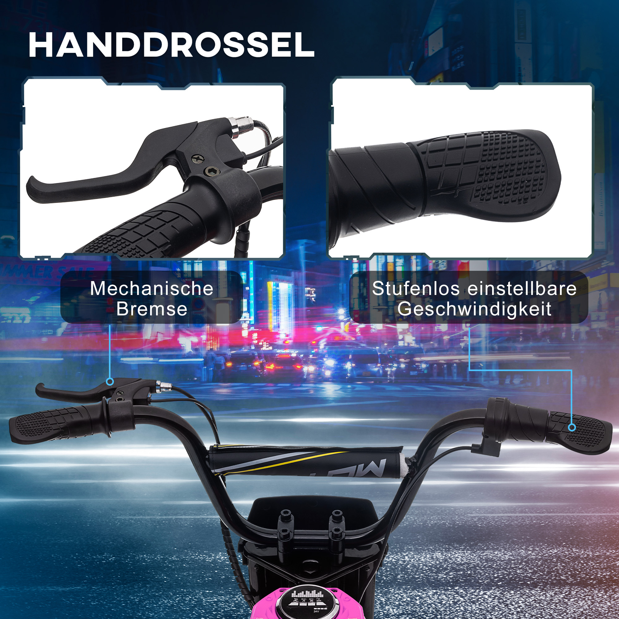Elektro-Motorrad für Kinder, 24V Kindermotorrad mit Hupe, Leuchte, mit Drehgriff-Gashebel, 8-16 km/h, 8-12 Jahre, Rosa