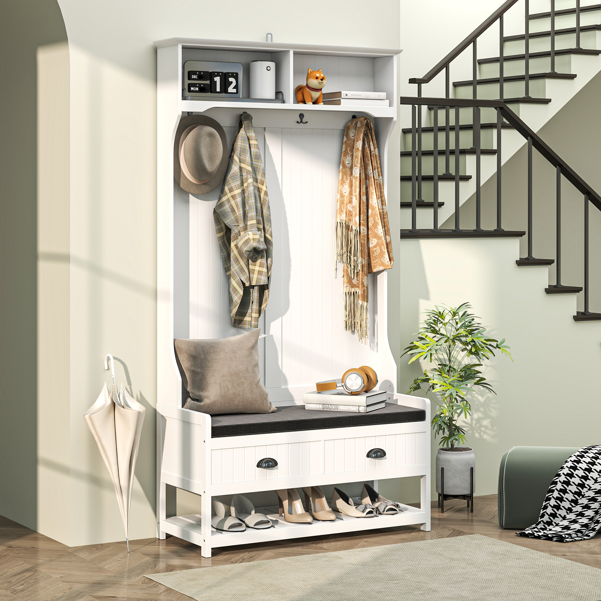 Garderobenständer mit Haken, Garderobe mit Schuhbank, für Eingangsbereich, Flur, Metall, MDF, Weiß+Grau