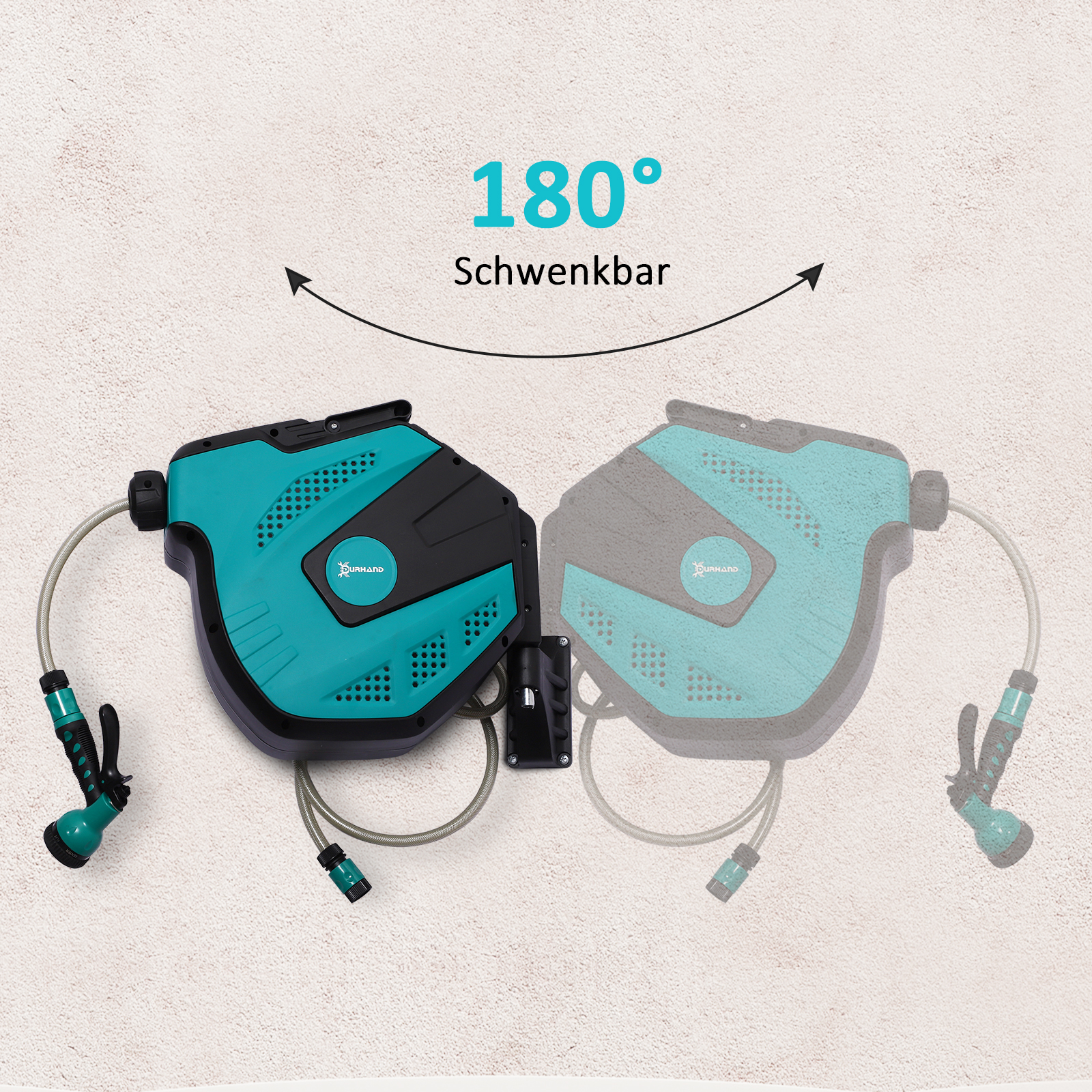 Wandschlauchbox Schlauchtrommel 180° schwenkbar mit Multibrause Frostschutz -5-45 °C Kunststoff Grün + Schwarz 15 m