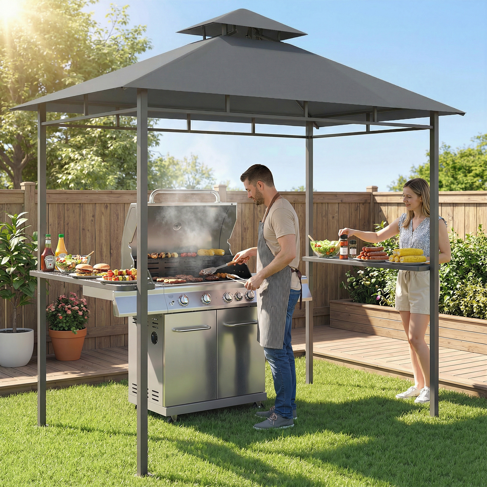 Grillpavillon 2,4 x 1,4 m, Windfest Grillüberdachung mit Doppeldach Lüftungsöffnung Seitenregalen