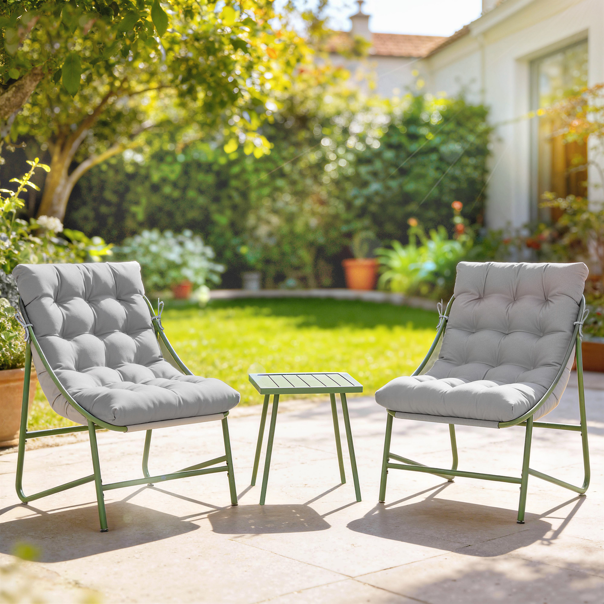 Balkonmöbel Set 3 teilig Gartenmöbel Set mit Tisch Kissen Stahlgestell verstellbar Fußpads Hellgrau