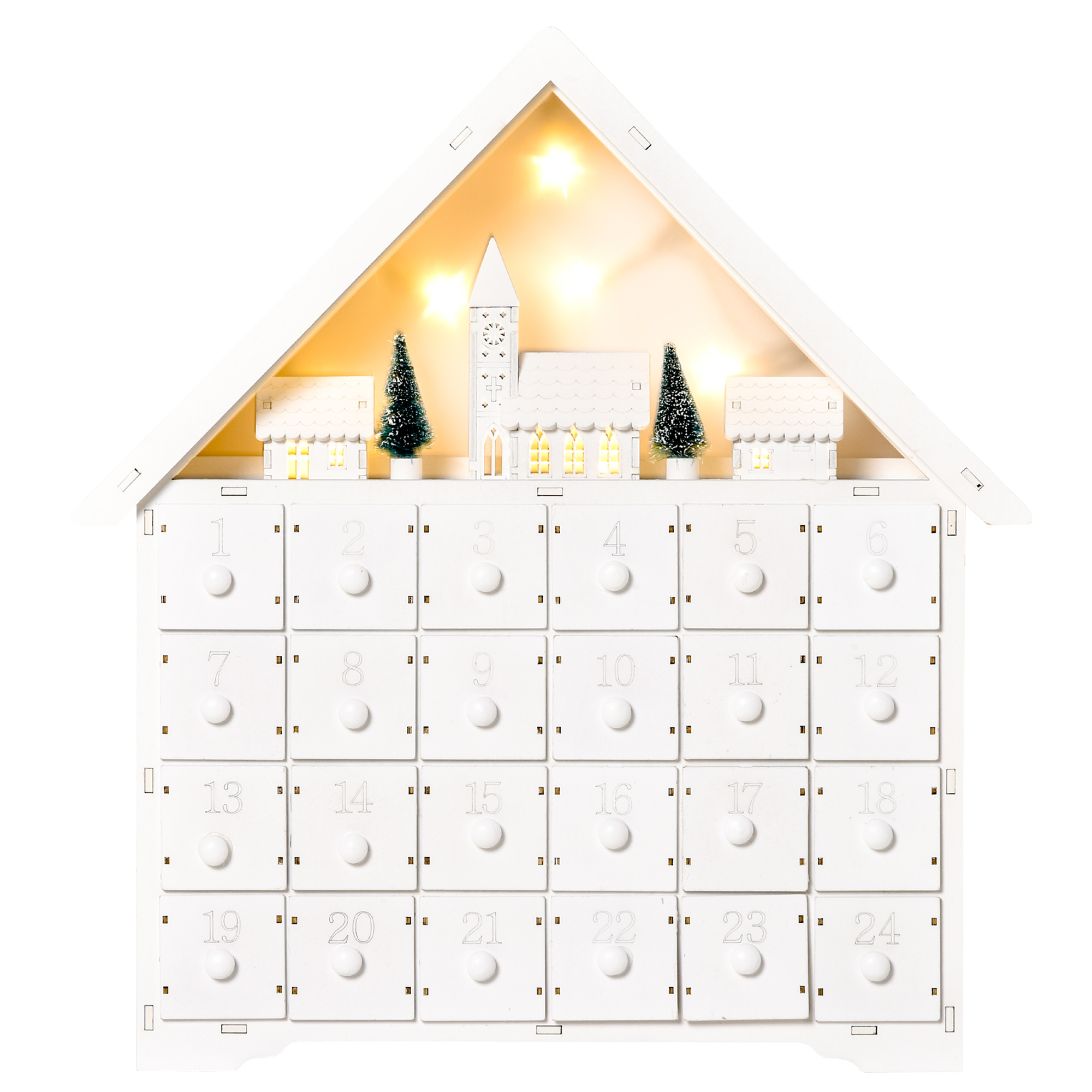 Adventskalender Weichnachtsdekoration Weihnachtsdeko, 24 Schubladen, LED-Lichter, 39 cm x 9 cm x 42 cm, Weiß + Grün