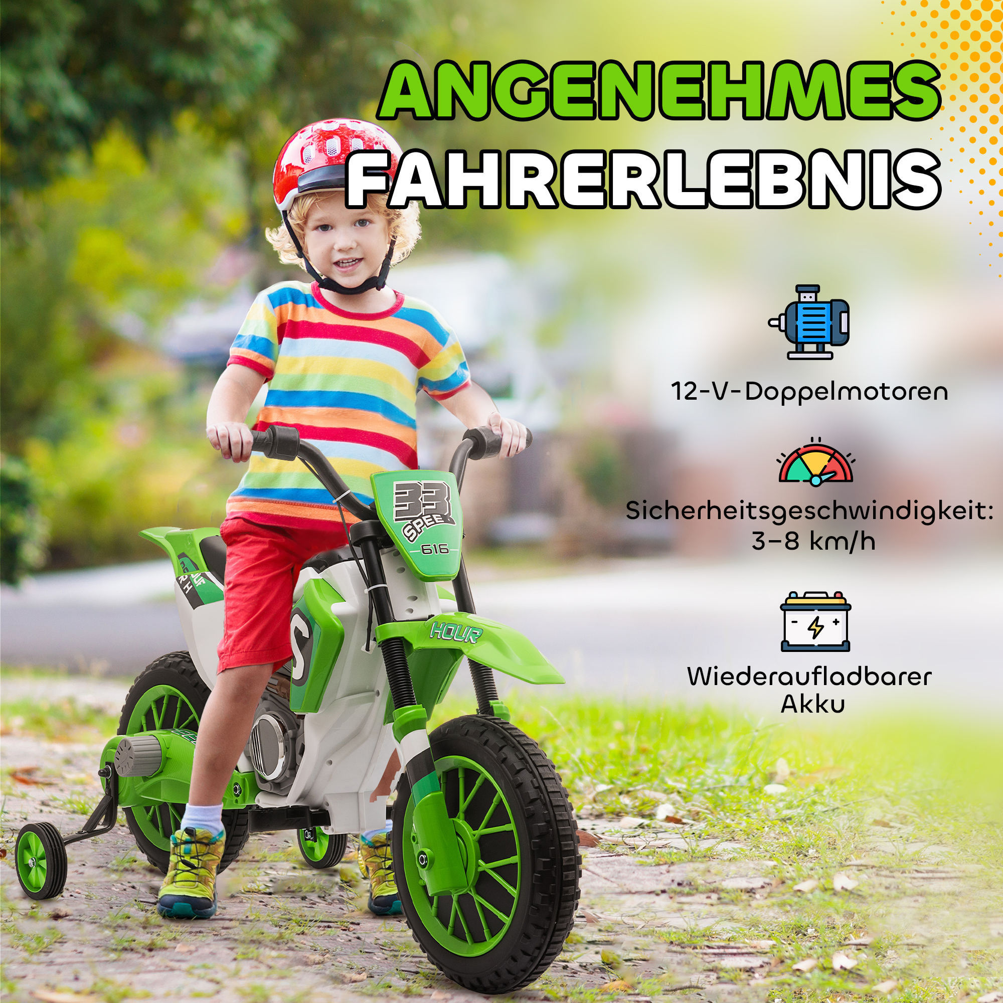 Kindermotorrad, Elektromotorrad, 45 Min Fahrzeit, mit Stützrädern, ab 3 Jahren, grün+weiß, 106,5 x 51,5 x 68cm