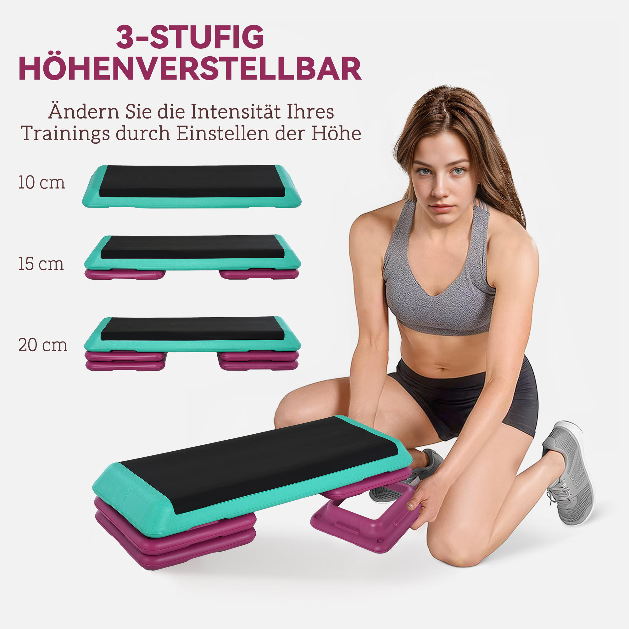 Steppbrett höhenverstellbar Fitness Stepper 3 Stufen (10/15/20 cm) Rutschfest Stepbench für Zuhause Fitnessstudio Büro Kunststoff Schwarz+Grün+Violett