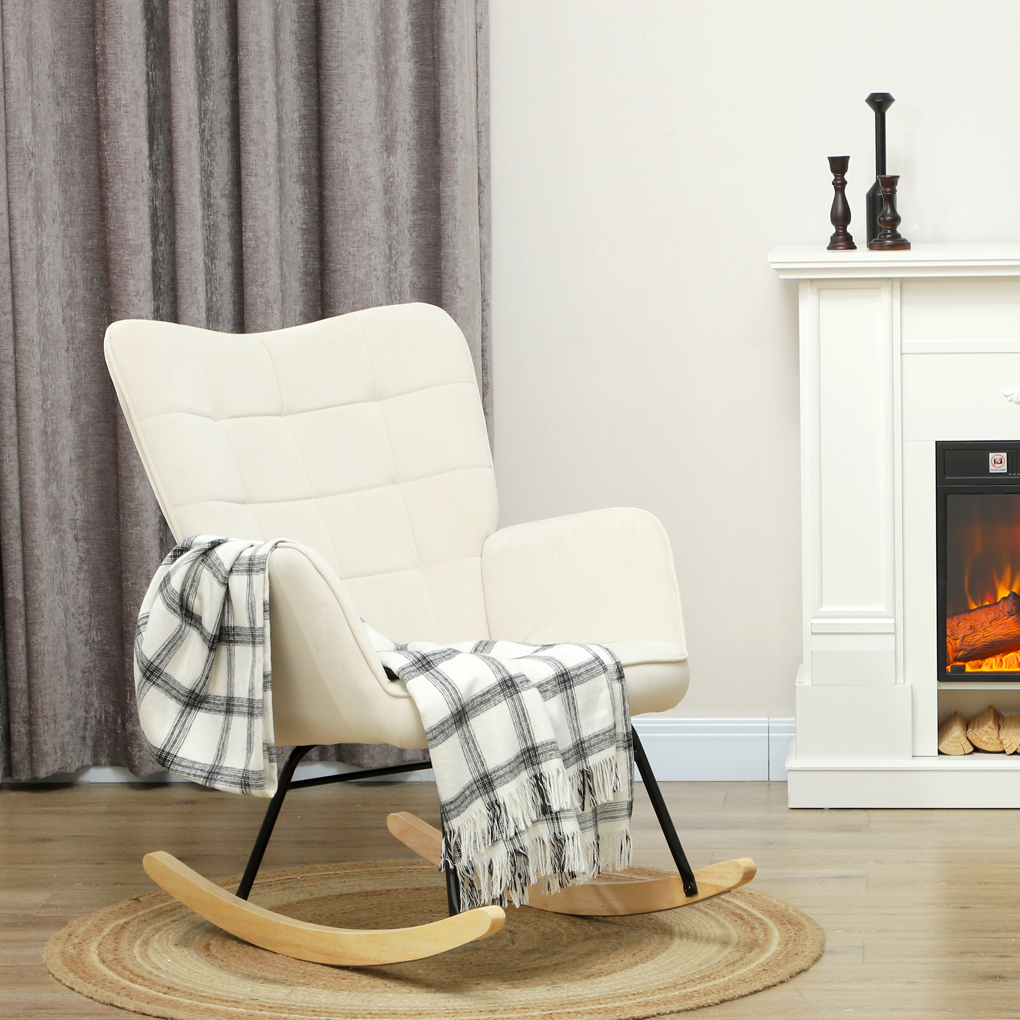 Schaukelstuhl, dicke Polsterung, breite Rückenlehne, Buchenholz/Stahlrahmen, bis 120 kg, Beige