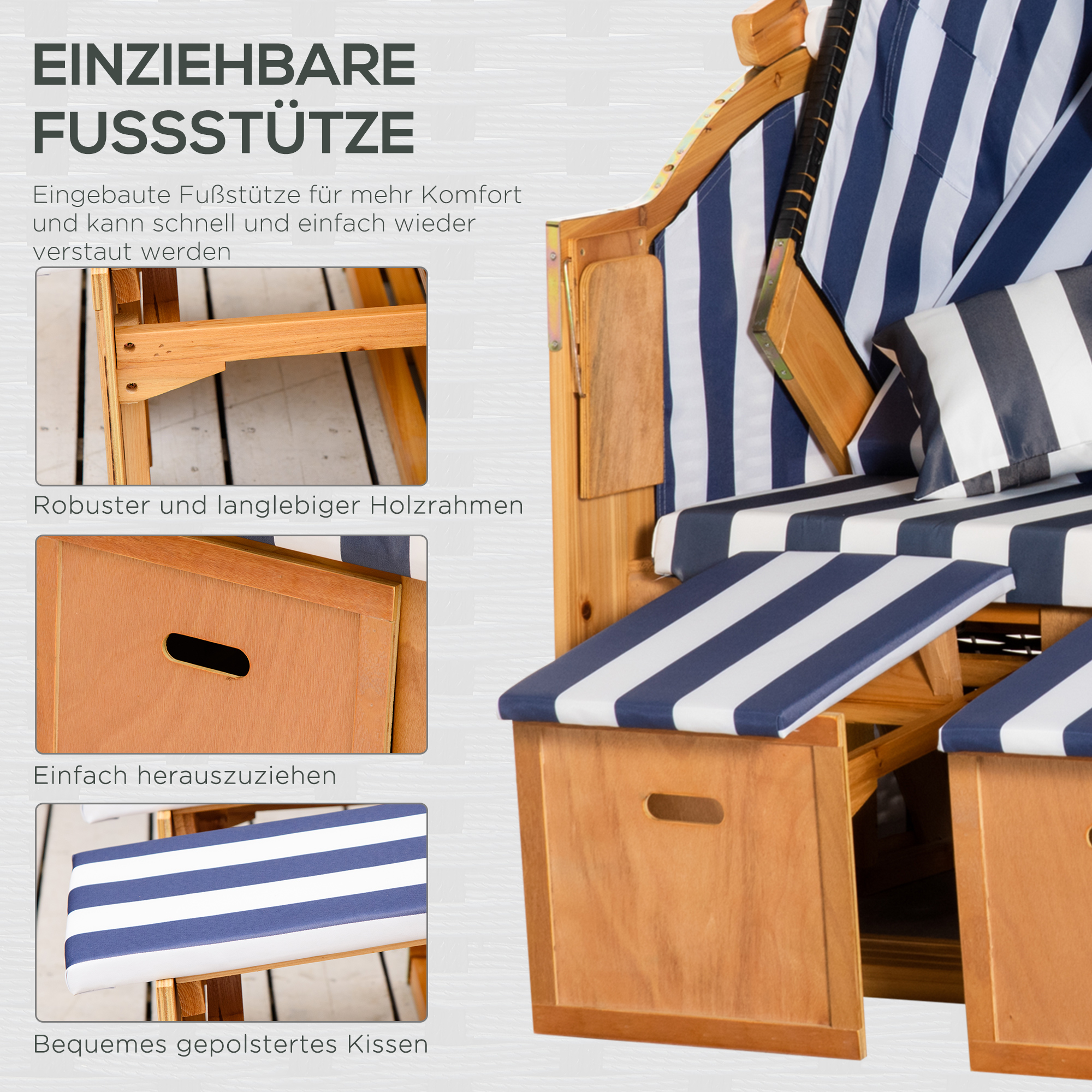 Strandkorb, doppelte Sonnenliege mit Dach, inkl. 1Klapptisch, Blau