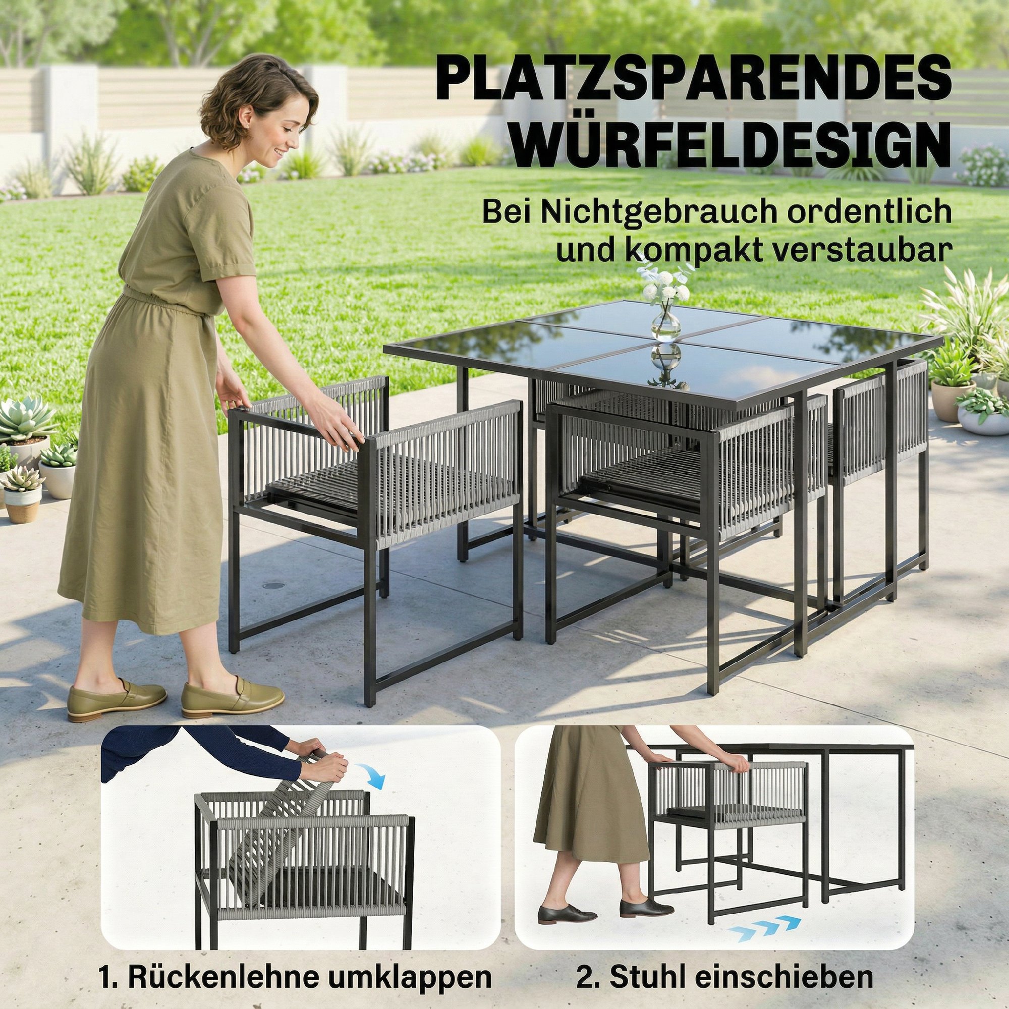 Gartenmöbel Set Sitzgruppe 5-teilig Glastisch mit 4 Atmungsaktiven Stühlen klappbar Rückenlehne Seilflecht