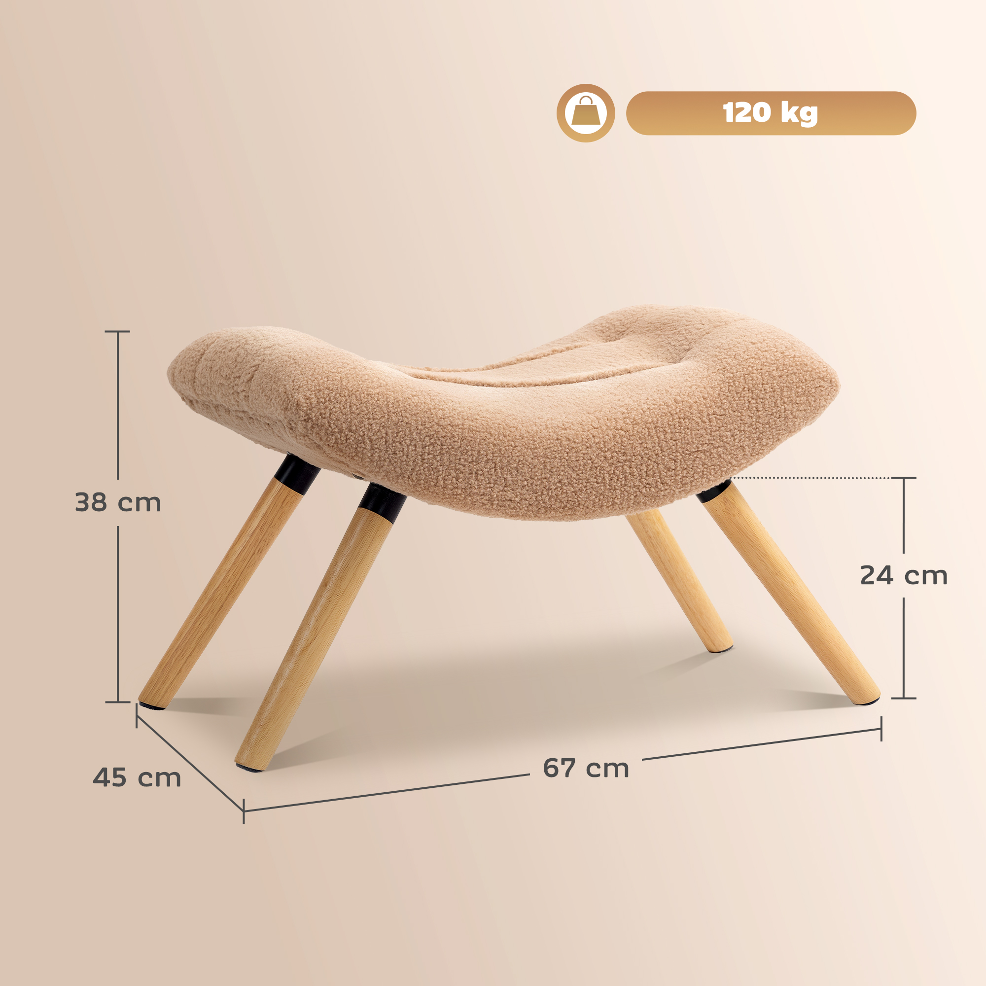 Moderner Fußhocker mit Fleece-Bezug und Holzbeinen, gepolstert, für Wohnzimmer, Schlafzimmer, Flur, Braun