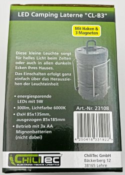 LED Camping Laterne "CL-B3" / 300lm, Batteriebetrieb, ØxH 85x135mm