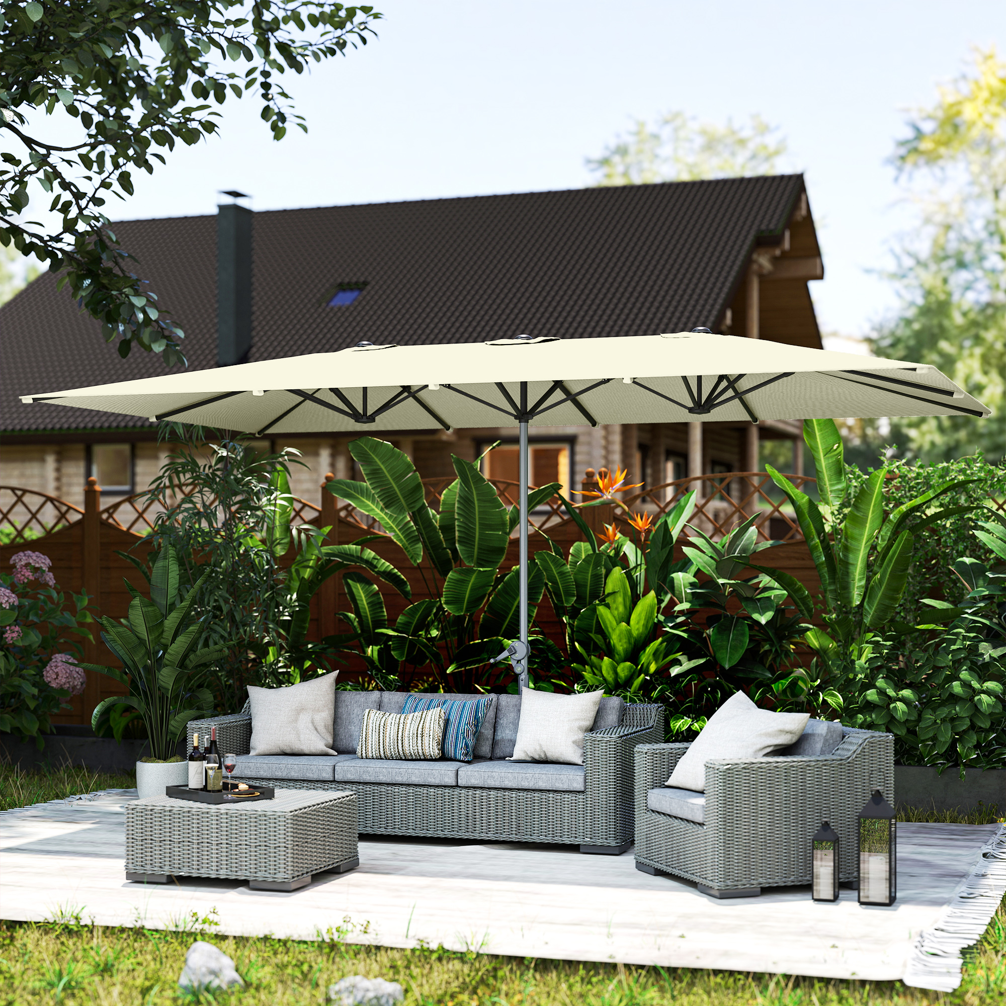 Doppelseitiger Schirm, 451 x 264 cm Sonnenschirm mit Kurbelsystem, 12 Metallstreben, Aluminiummast, Cremeweiß