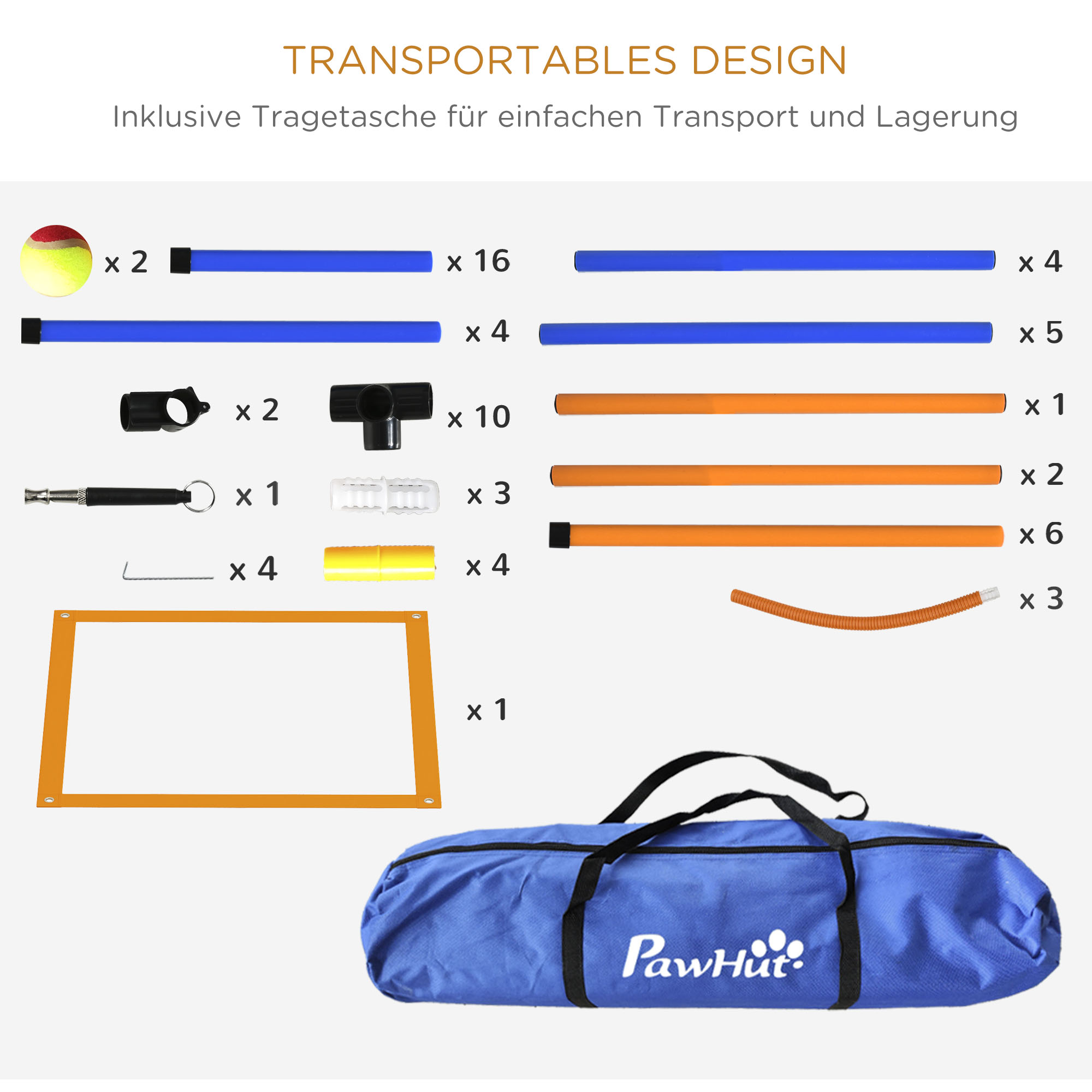 Hunde-Agiliy-Set Hundeparcours, 1 Reifen, 1 Hürde, 1 Slalom-Set, 352 cm x 66 cm x 69 cm, Blau + Rot