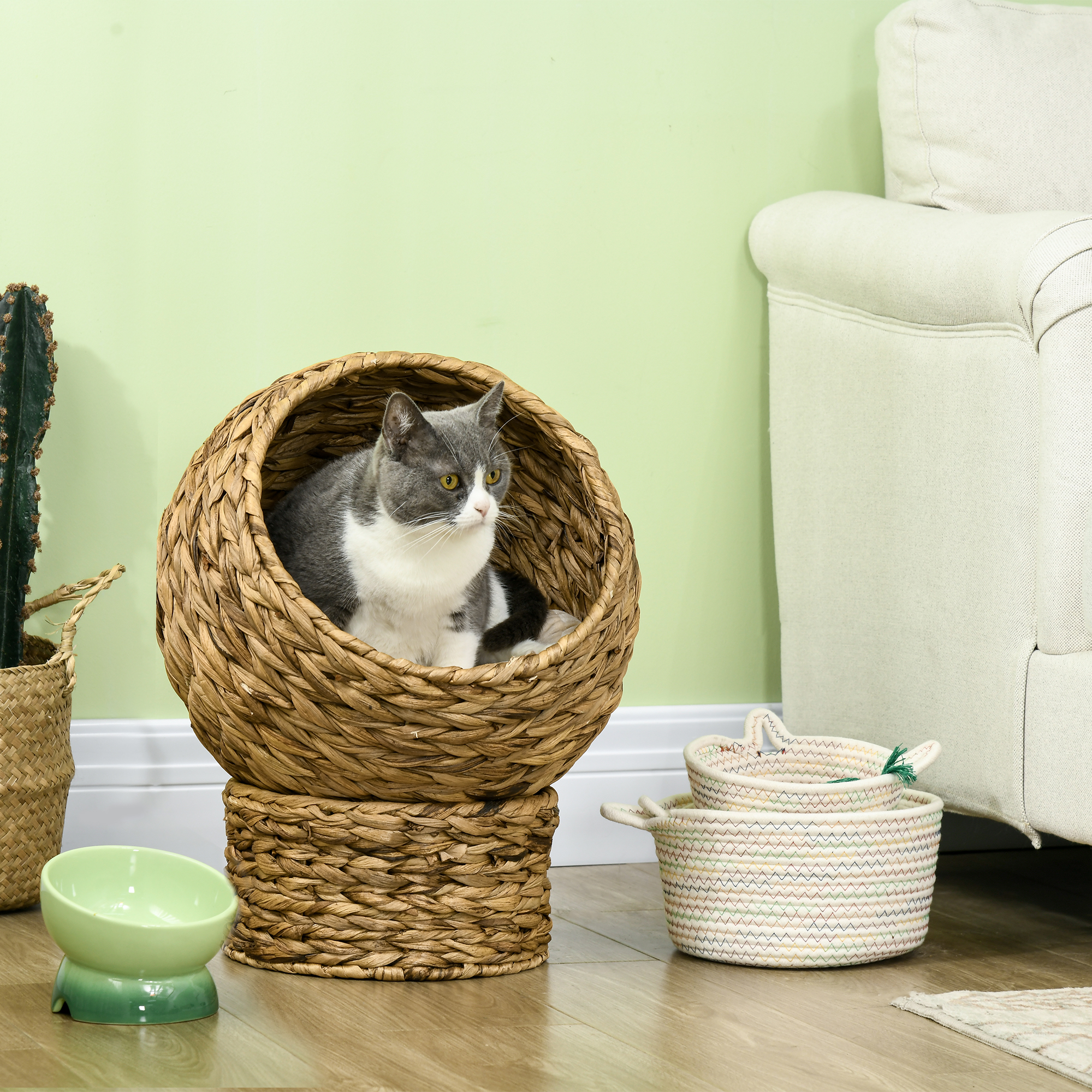 Rattan Katzenkorb Katzenhöhle Katzenhütte Katzenbett mit Kissen Haustierbett Wasserhyazinthe Braun 40 x 37 x 51 cm