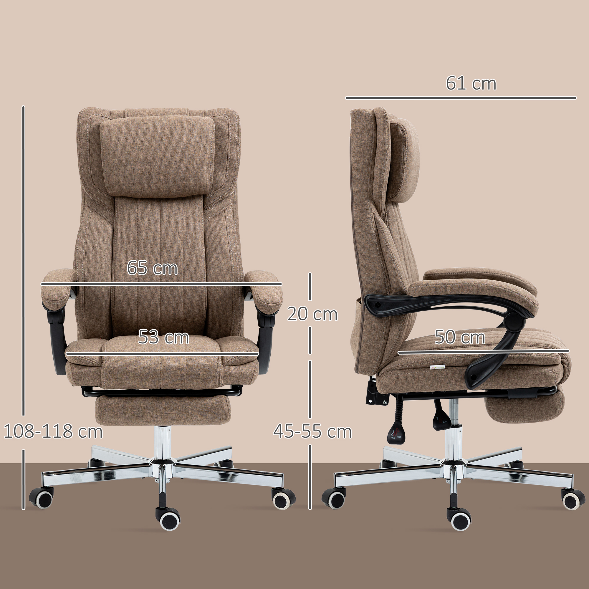 Bürostuhl mit Massagefunktion, neigbare Rücklehne, ausziehbare Fußstütze, Leinenoptik, 65 x 61 x 118 cm, Braun
