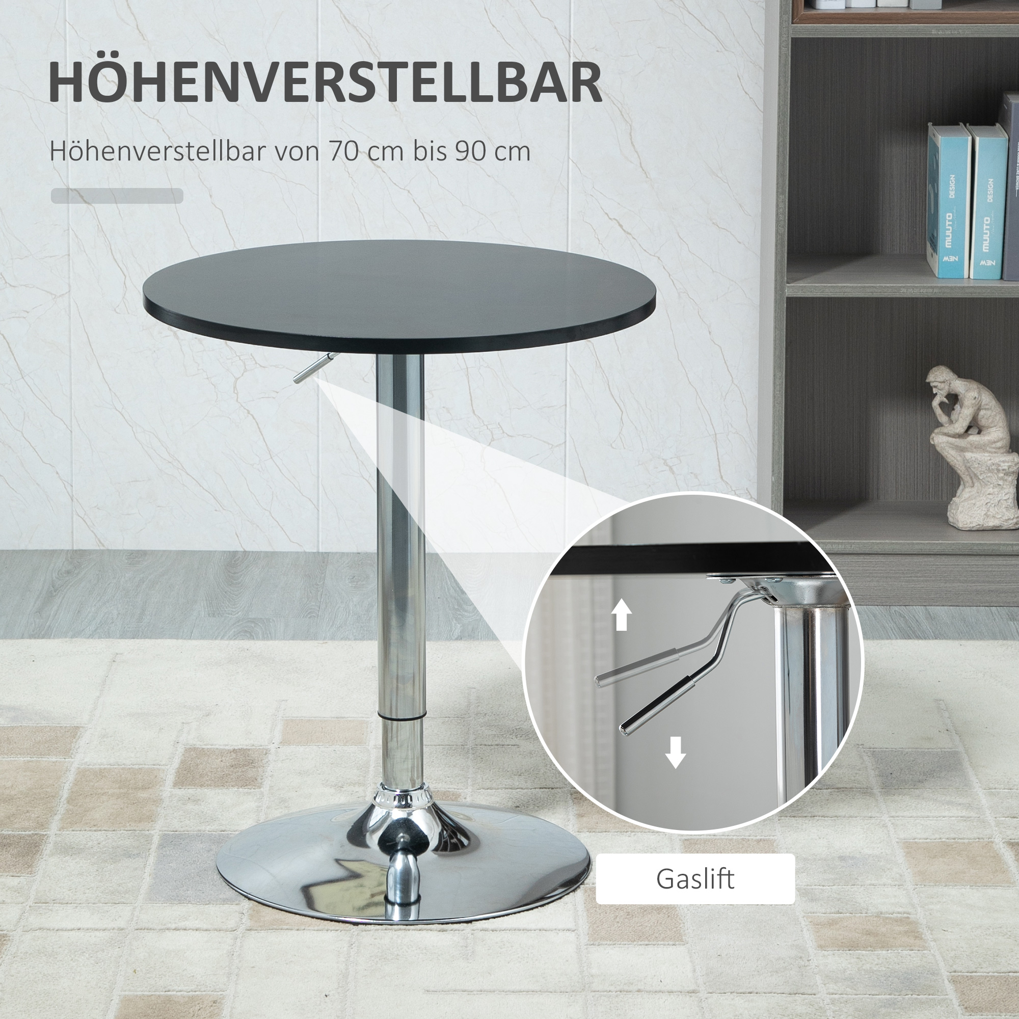 Bartisch modern rund Esstisch 360° Drehtisch höhenverstellbarer Bistrotisch Stehtisch Küchentisch Stahl Schwarz Ø61 x 70-90 cm