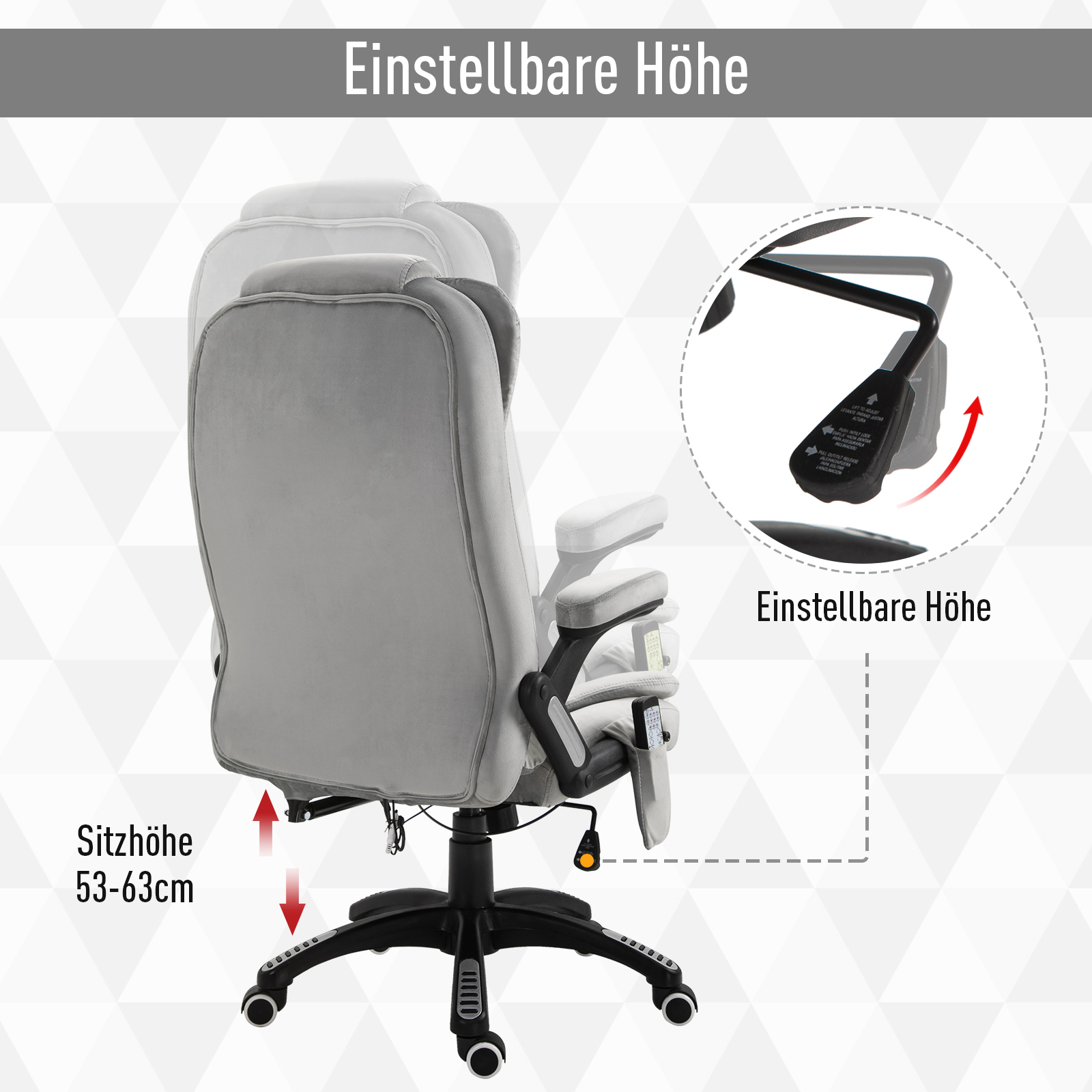Bürostuhl mit Massagefunktion Ergonomischer Chefsessel mit Heizfunktion, Liegefunktion, Wippfunktion Höhenverstellbar 360° Drehbar Computerstuhl mit Seitentasche, Samtoptik, Grau