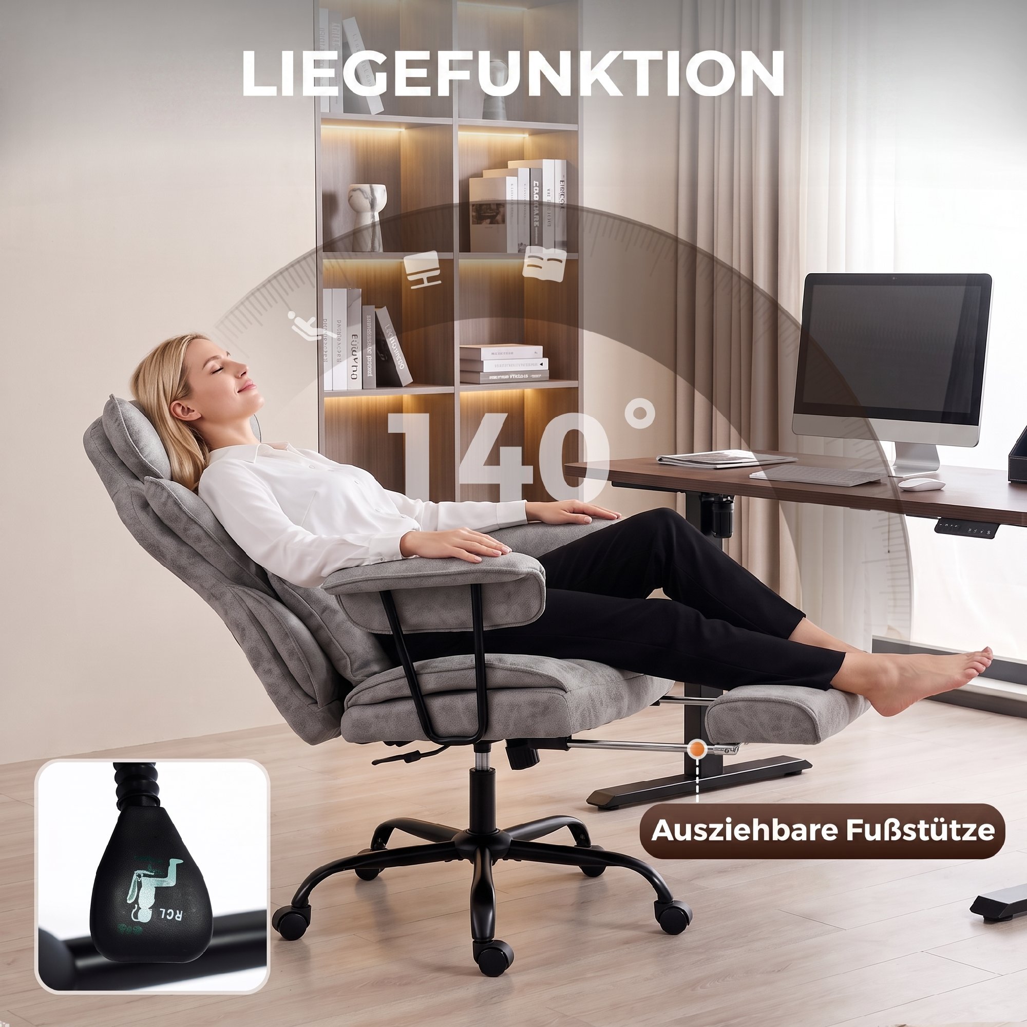Bürostuhl mit 6-Punkt-Massage und Wärme, Schreibtischstuhl mit Fußstütze, Lendenstütze und breiter Sitzfläche, Grau